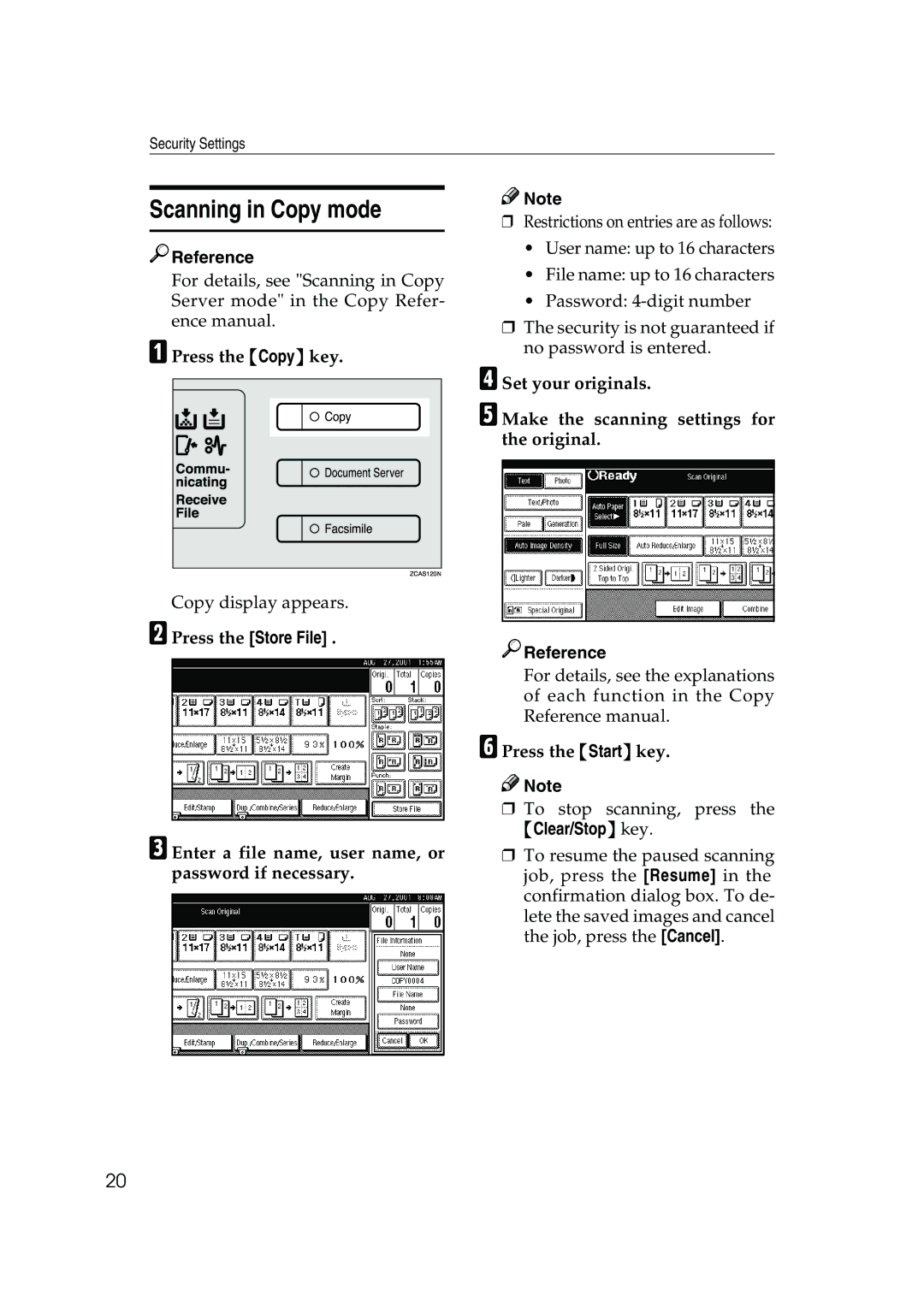 Ricoh 350, 450 manual Scanning in Copy mode, APress the Copy key, BPress the Store File 