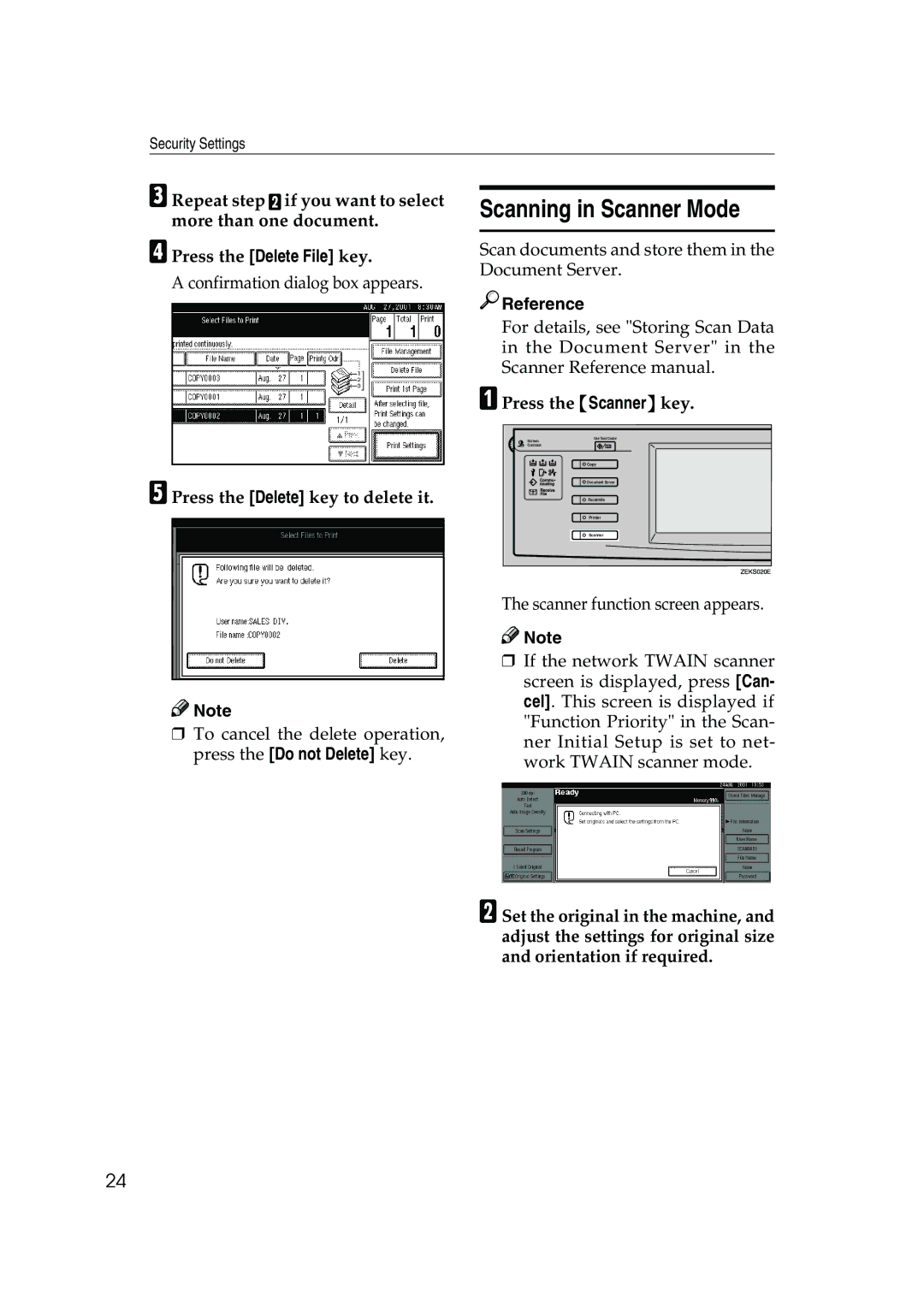 Ricoh 350, 450 manual Scanning in Scanner Mode, APress the Scanner key 