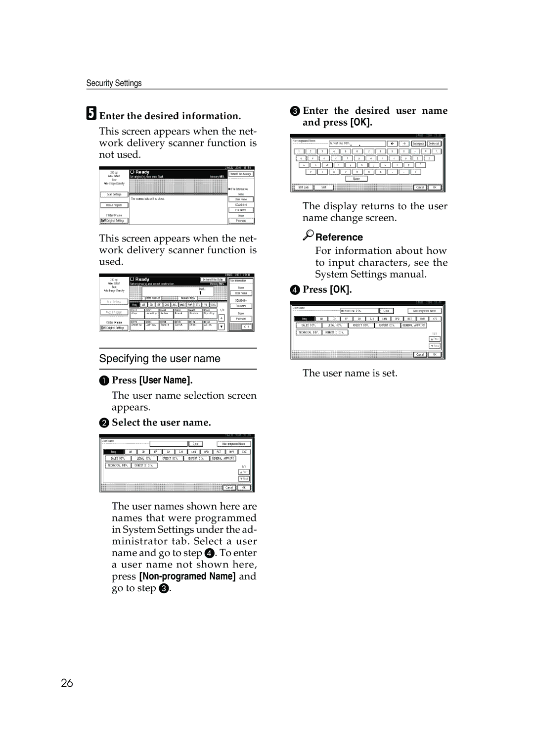Ricoh 350, 450 manual Specifying the user name, EEnter the desired information, Enter the desired user name and press OK 