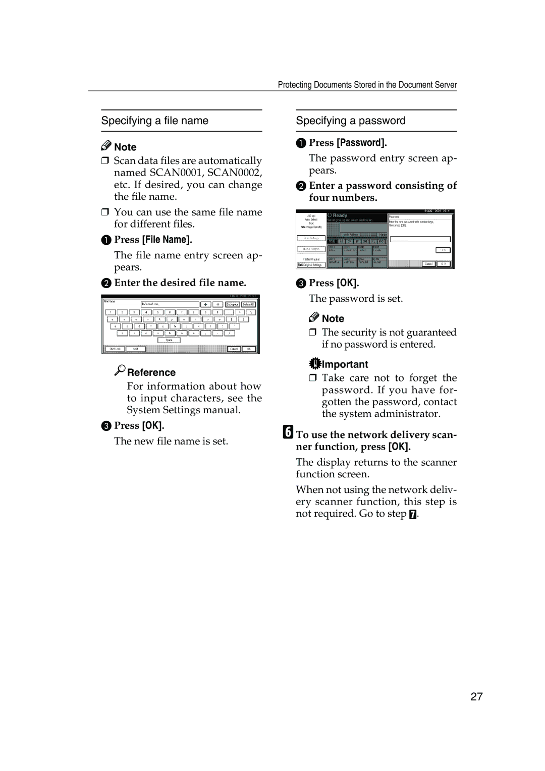 Ricoh 450, 350 manual Specifying a file name, Specifying a password, Press File Name, Press Password 