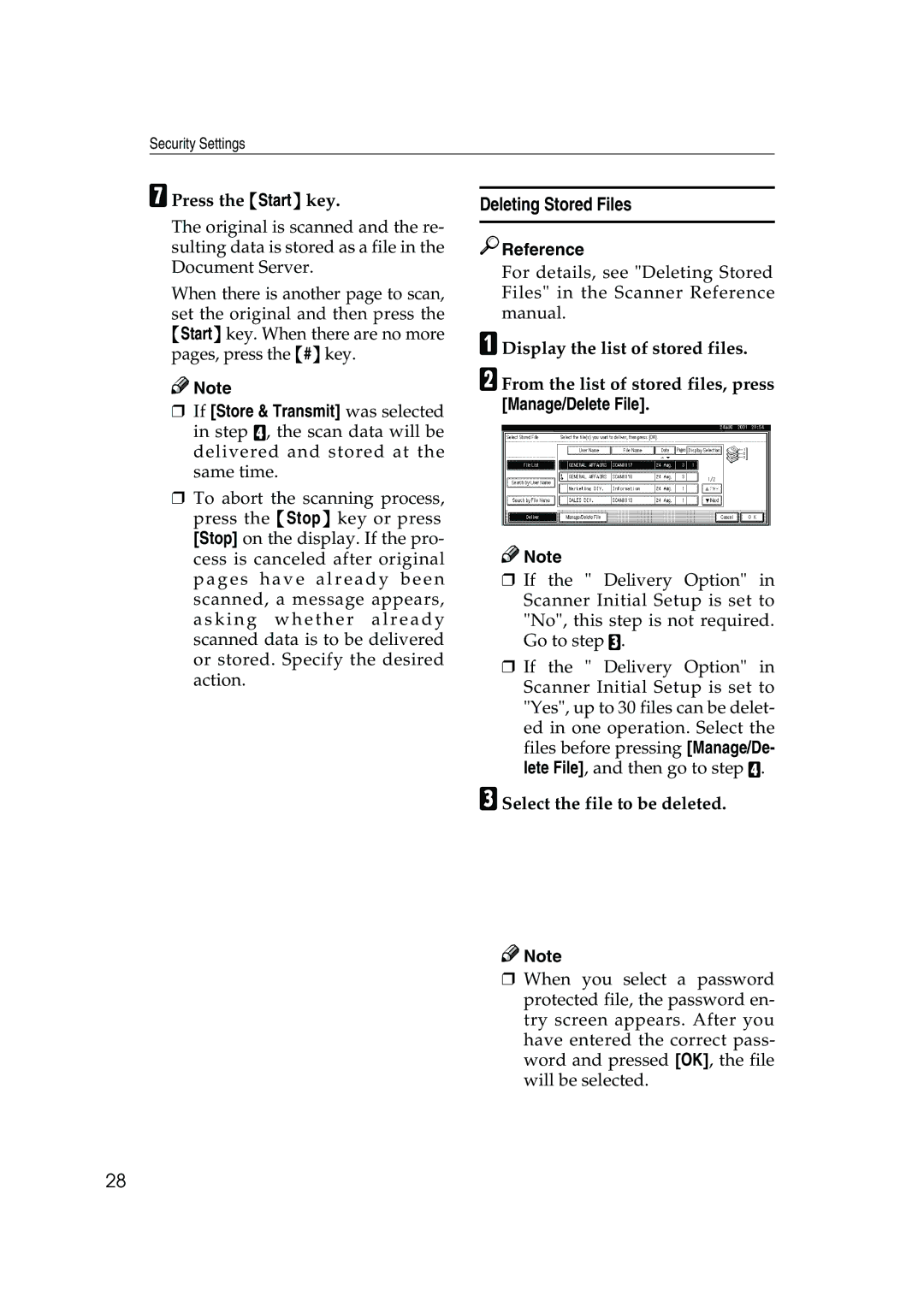 Ricoh 350 Deleting Stored Files, GPress the Start key, If Store & Transmit was selected, CSelect the file to be deleted 