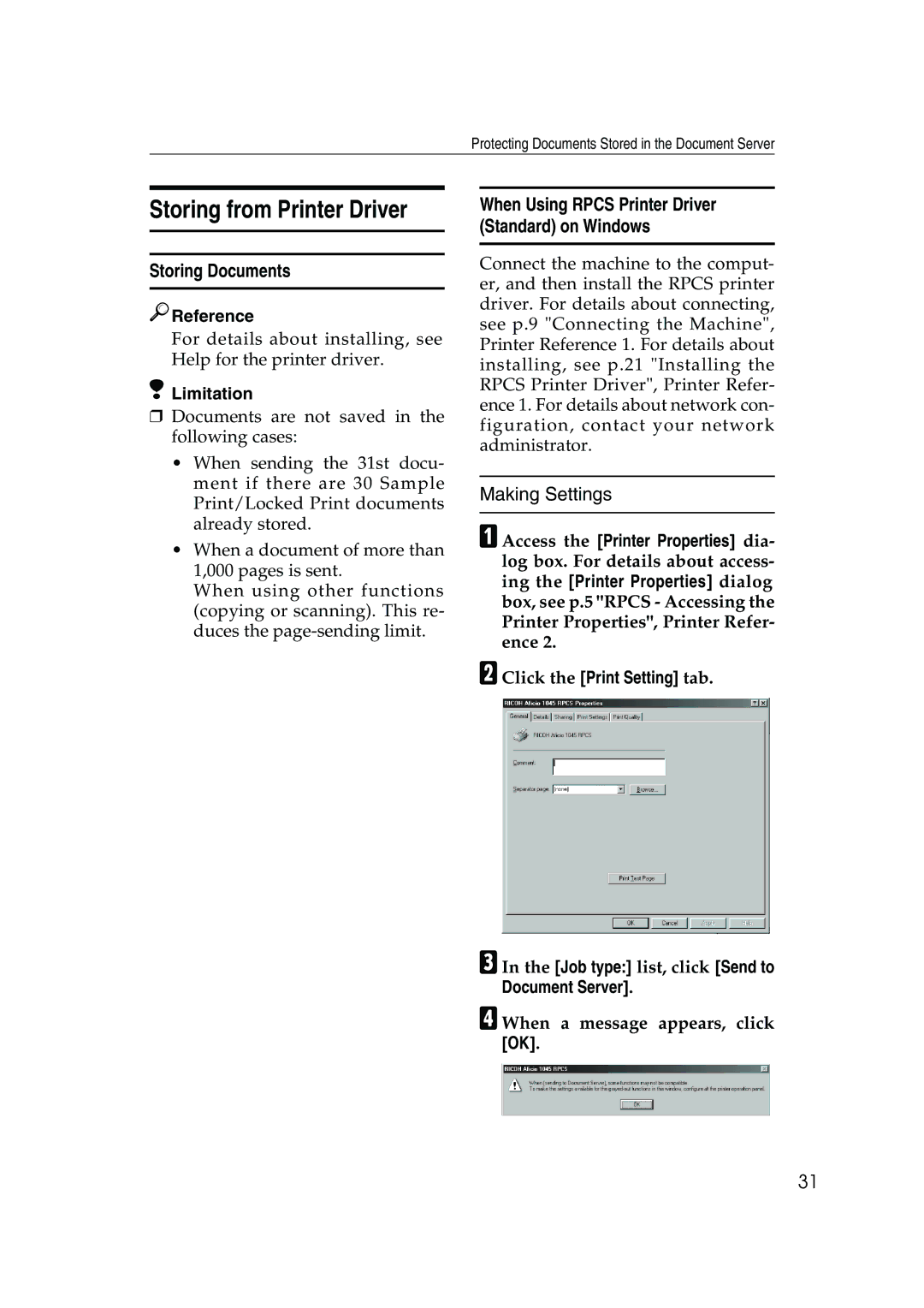 Ricoh 450, 350 manual Storing from Printer Driver, Storing Documents, Making Settings, BClick the Print Setting tab 