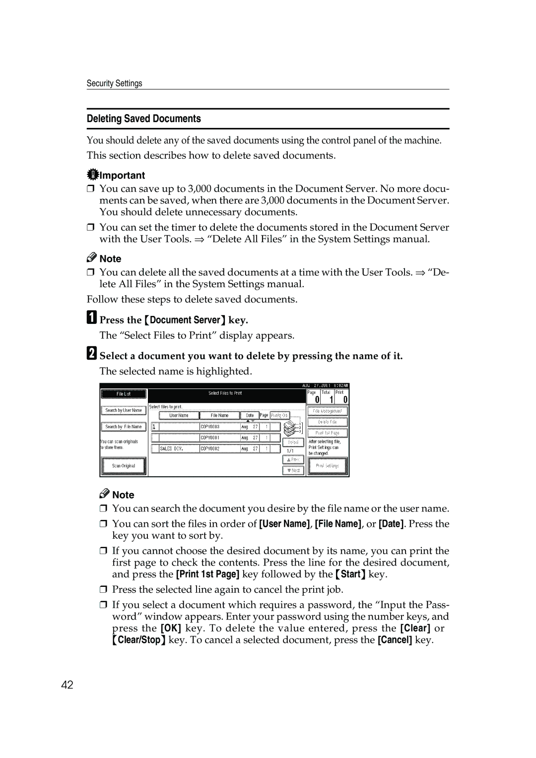 Ricoh 350, 450 manual Deleting Saved Documents 