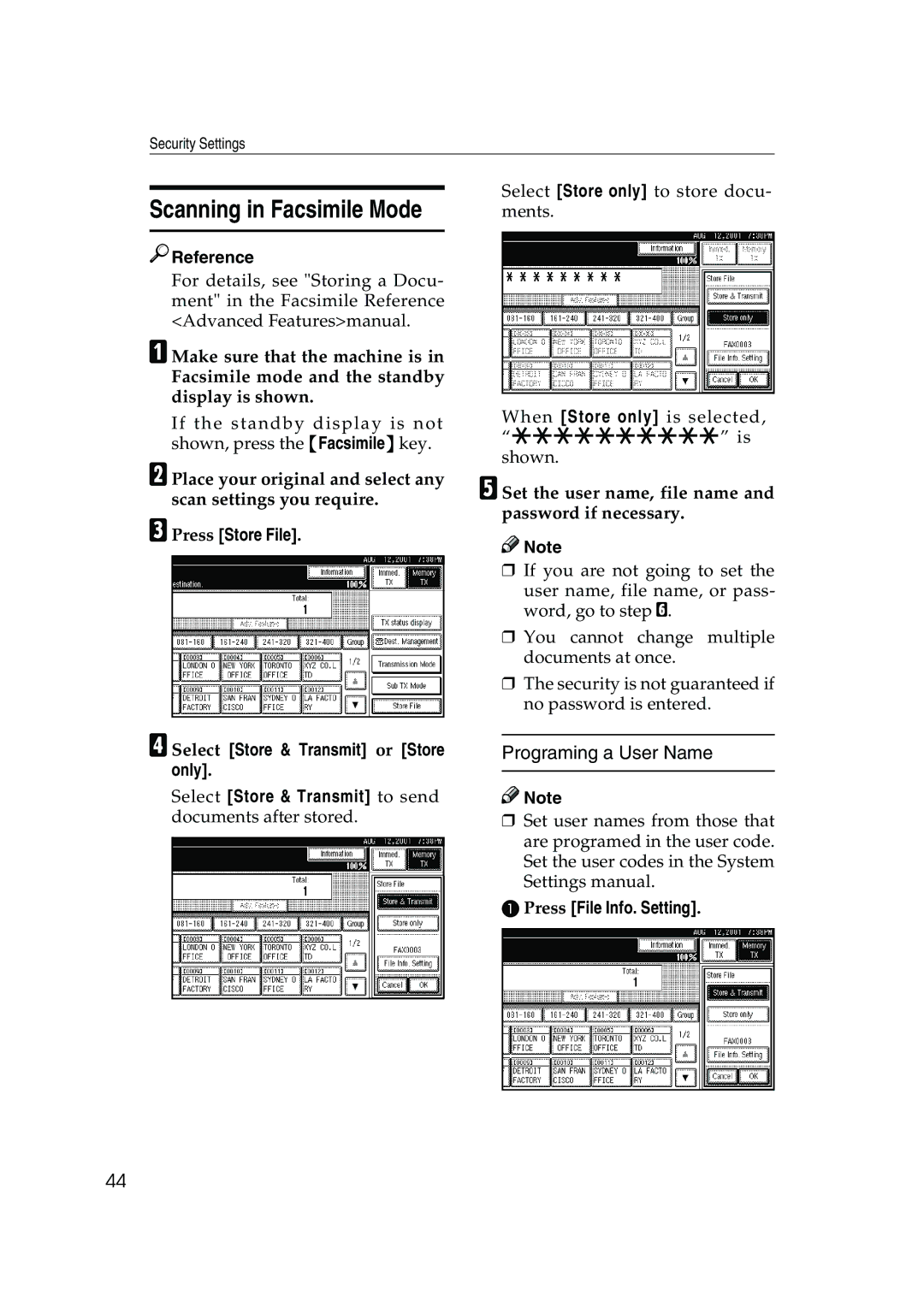 Ricoh 350 Scanning in Facsimile Mode, Programing a User Name, CPress Store File DSelect Store & Transmit or Store only 