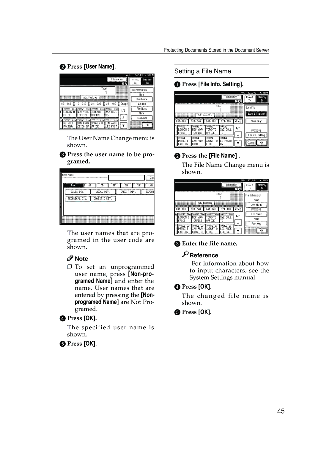 Ricoh 450, 350 Setting a File Name, Press the user name to be pro- gramed, Press File Info. Setting Press the File Name 