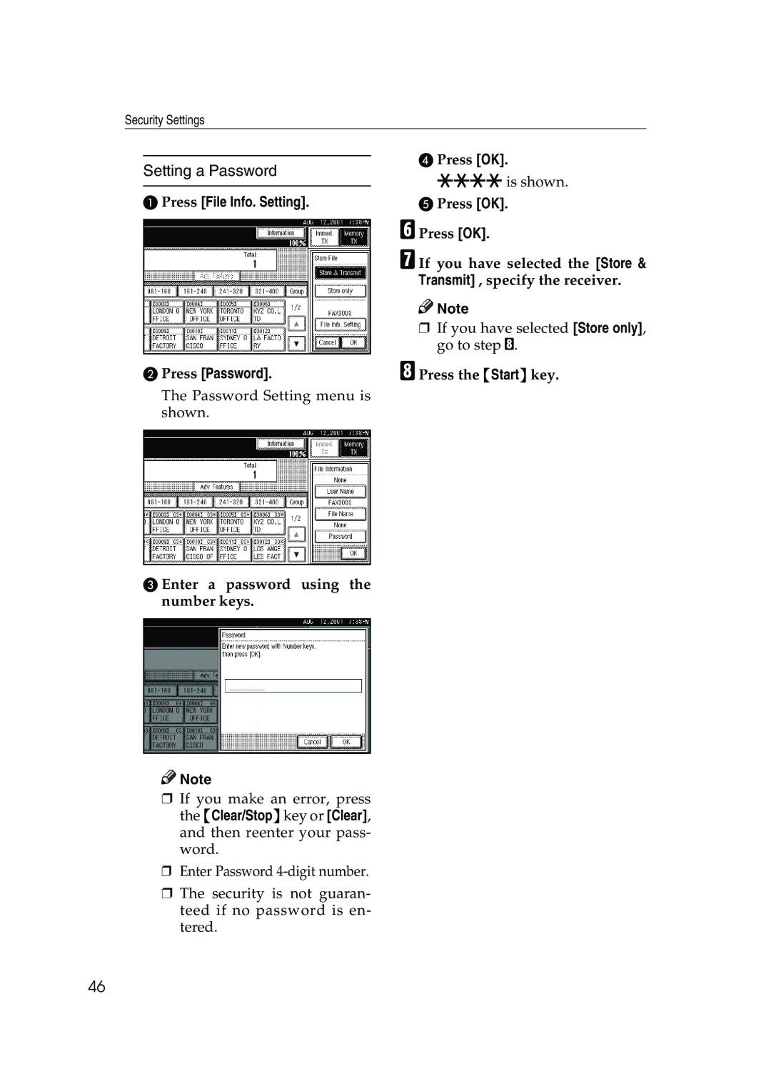 Ricoh 350, 450 manual Setting a Password, Press File Info. Setting Press Password, HPress the Start key 