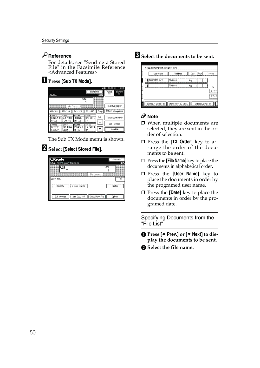 Ricoh 350, 450 manual Specifying Documents from the File List, BSelect Select Stored File, CSelect the documents to be sent 