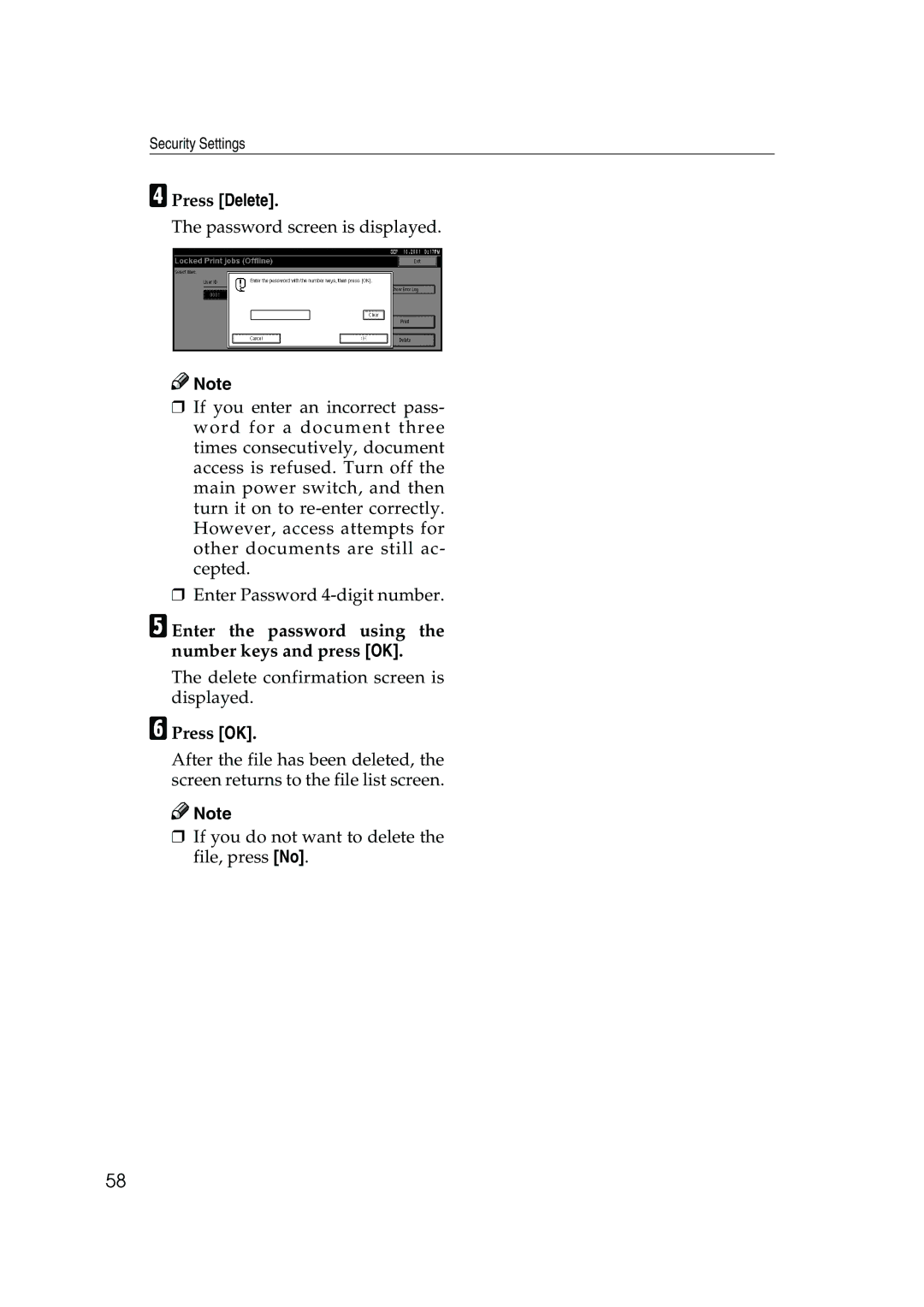 Ricoh 350, 450 manual DPress Delete, EEnter the password using the number keys and press OK 