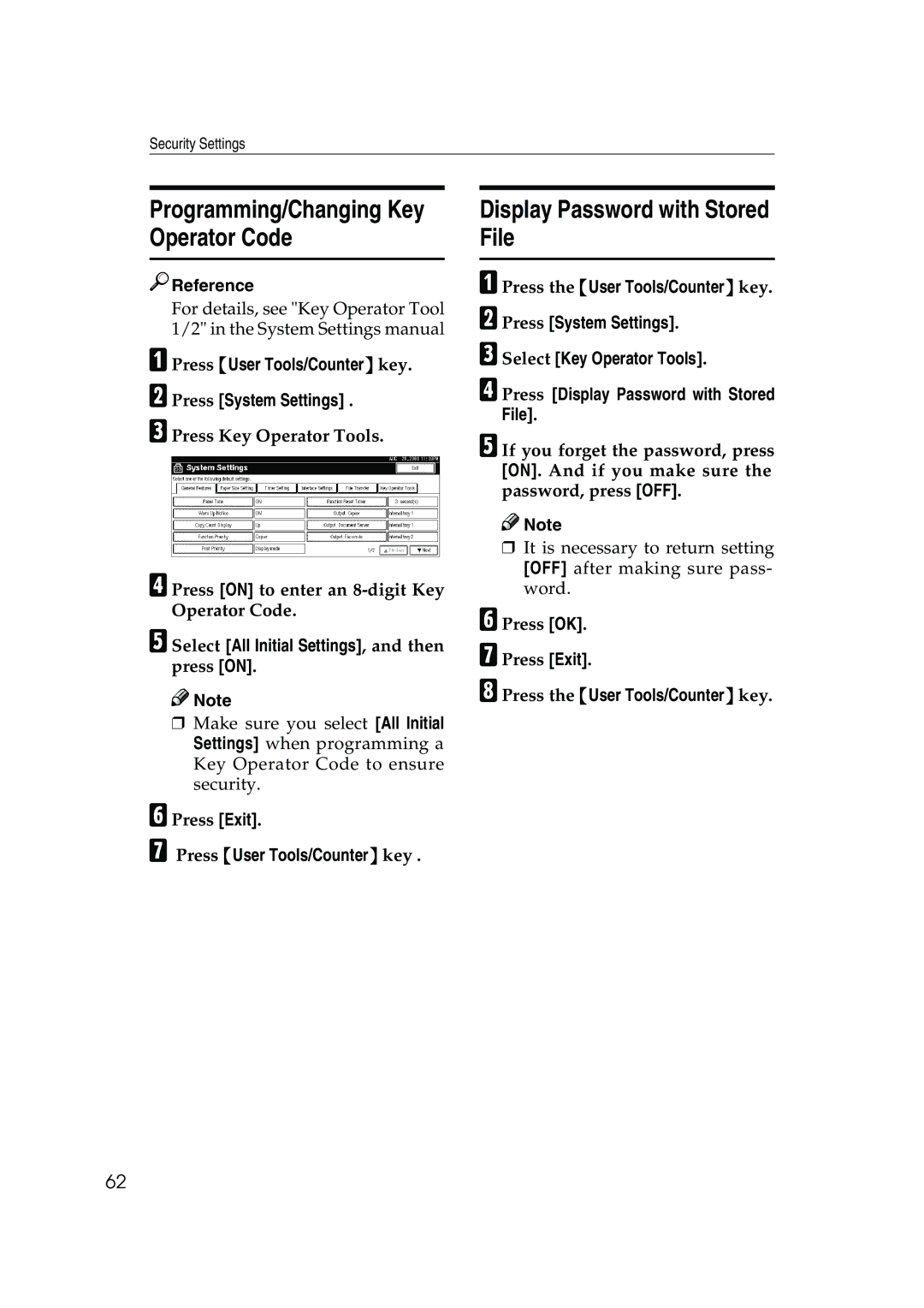 Ricoh 350, 450 Programming/Changing Key Operator Code, Display Password with Stored File, Press User Tools/Counter key 