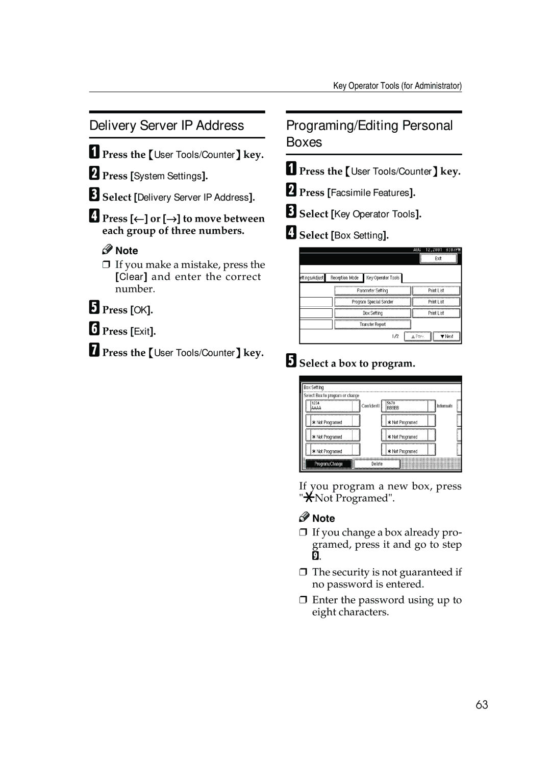 Ricoh 450, 350 manual Delivery Server IP Address, Programing/Editing Personal Boxes, GPress the User Tools/Counter key 