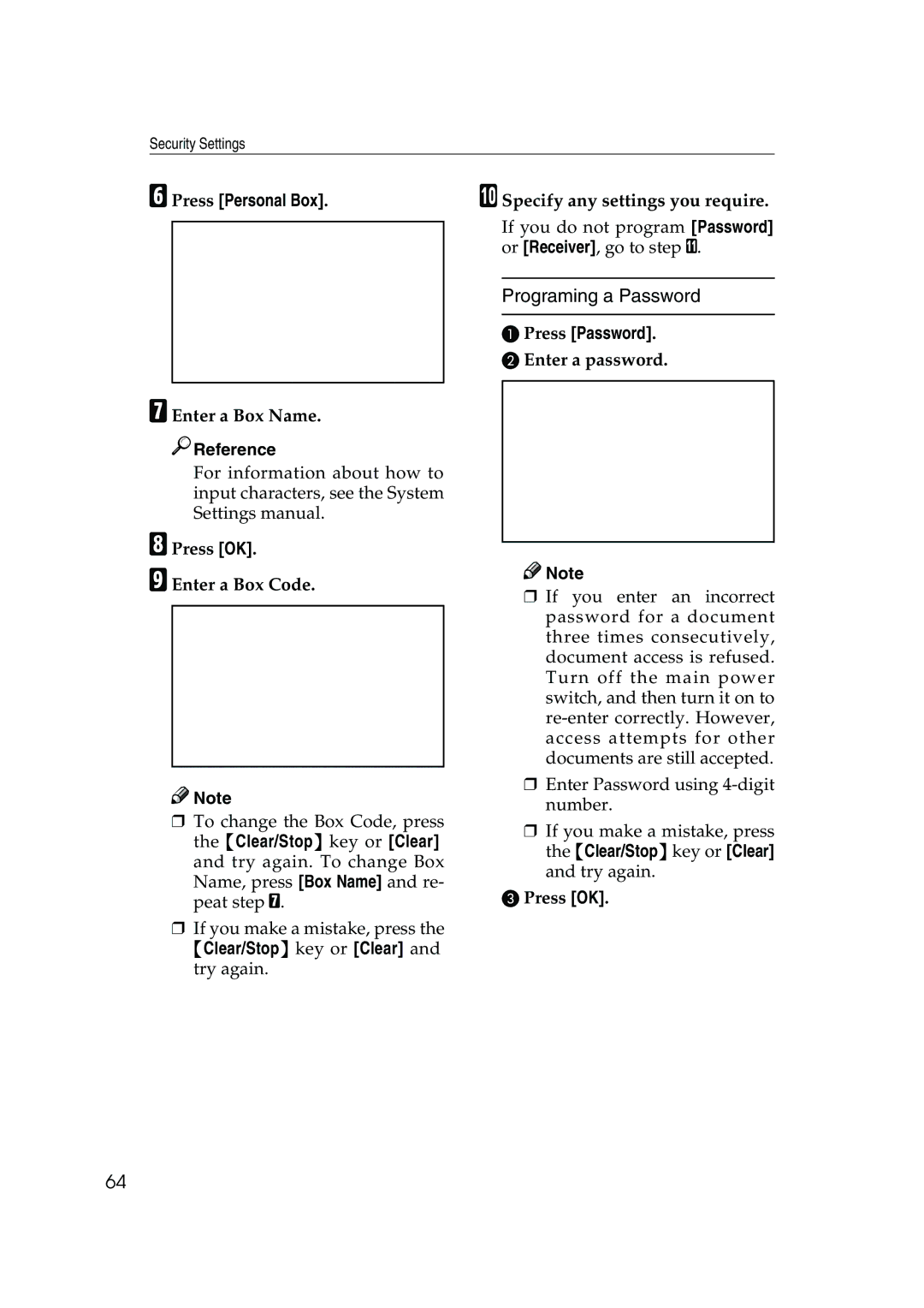 Ricoh 350, 450 manual Programing a Password, FPress Personal Box 