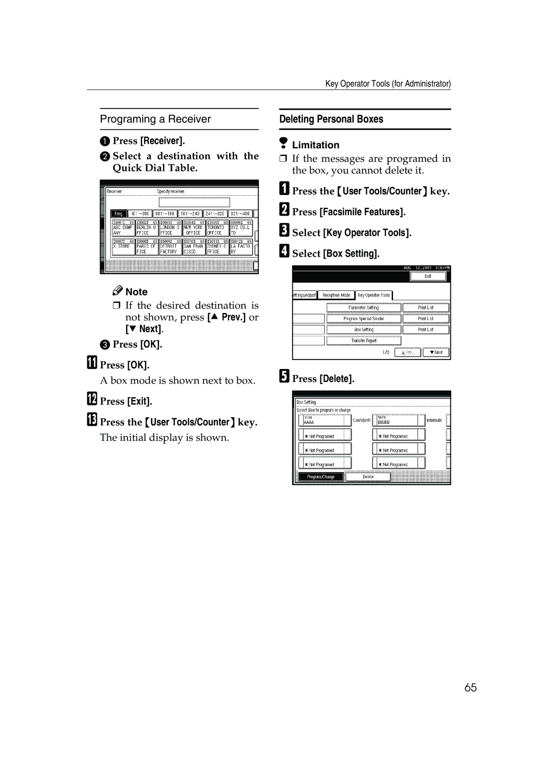 Ricoh 450, 350 Programing a Receiver, Deleting Personal Boxes, Press Receiver, TNext, MPress the User Tools/Counter key 