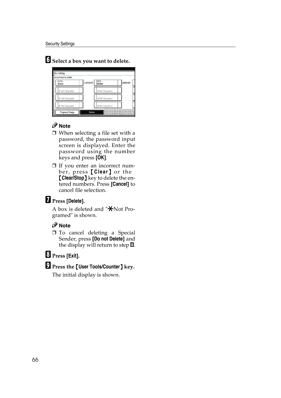 Ricoh 350, 450 manual FSelect a box you want to delete, GPress Delete, HPress Exit, IPress the User Tools/Counter key 