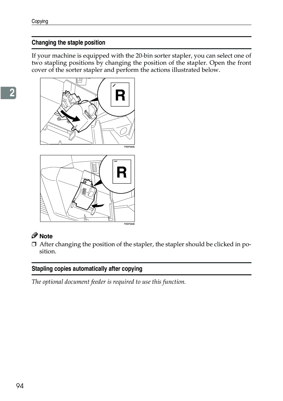 Ricoh 3506 manual Changing the staple position, Stapling copies automatically after copying 