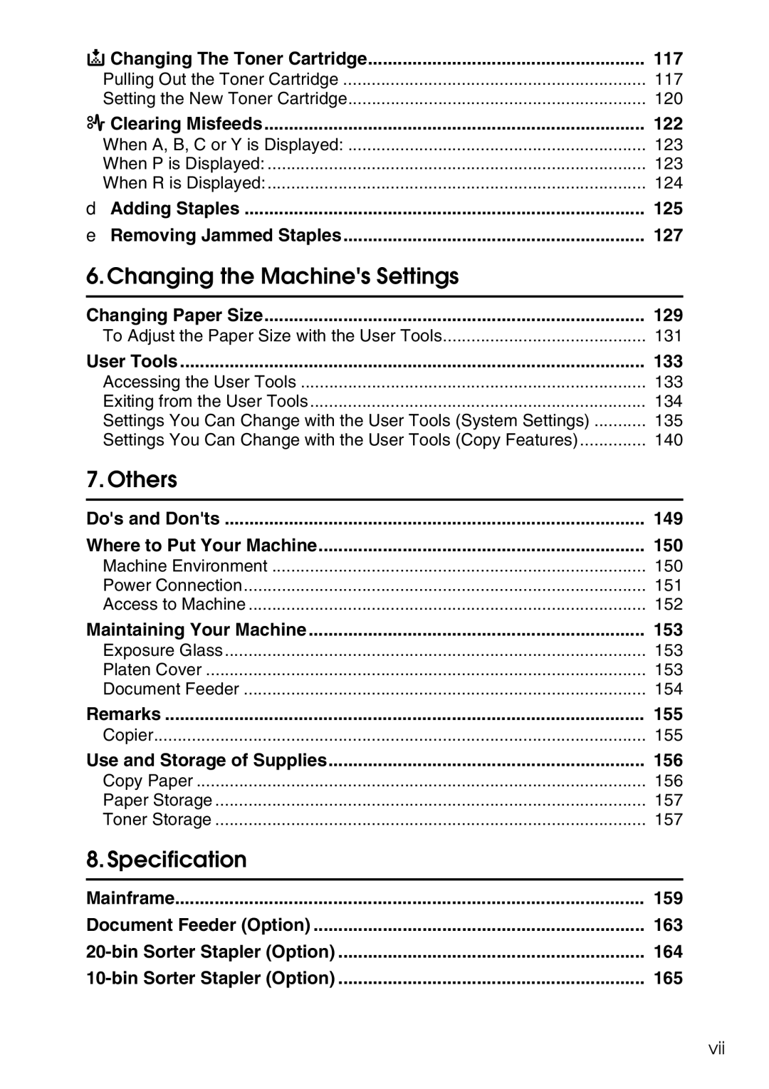 Ricoh 3506 manual 117, 122, 125, 127, 129, 133, 149, 150, 153, 155, 156, 159, 163, 164, 165 