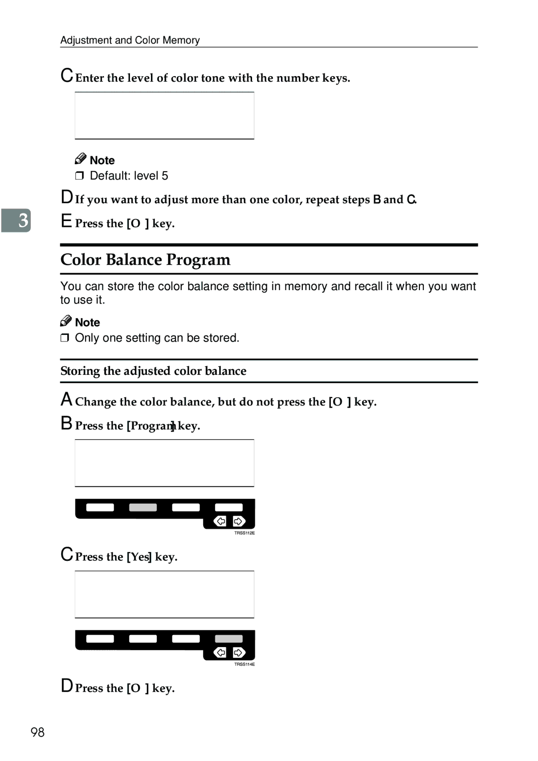 Ricoh 3506 manual Color Balance Program, Storing the adjusted color balance 