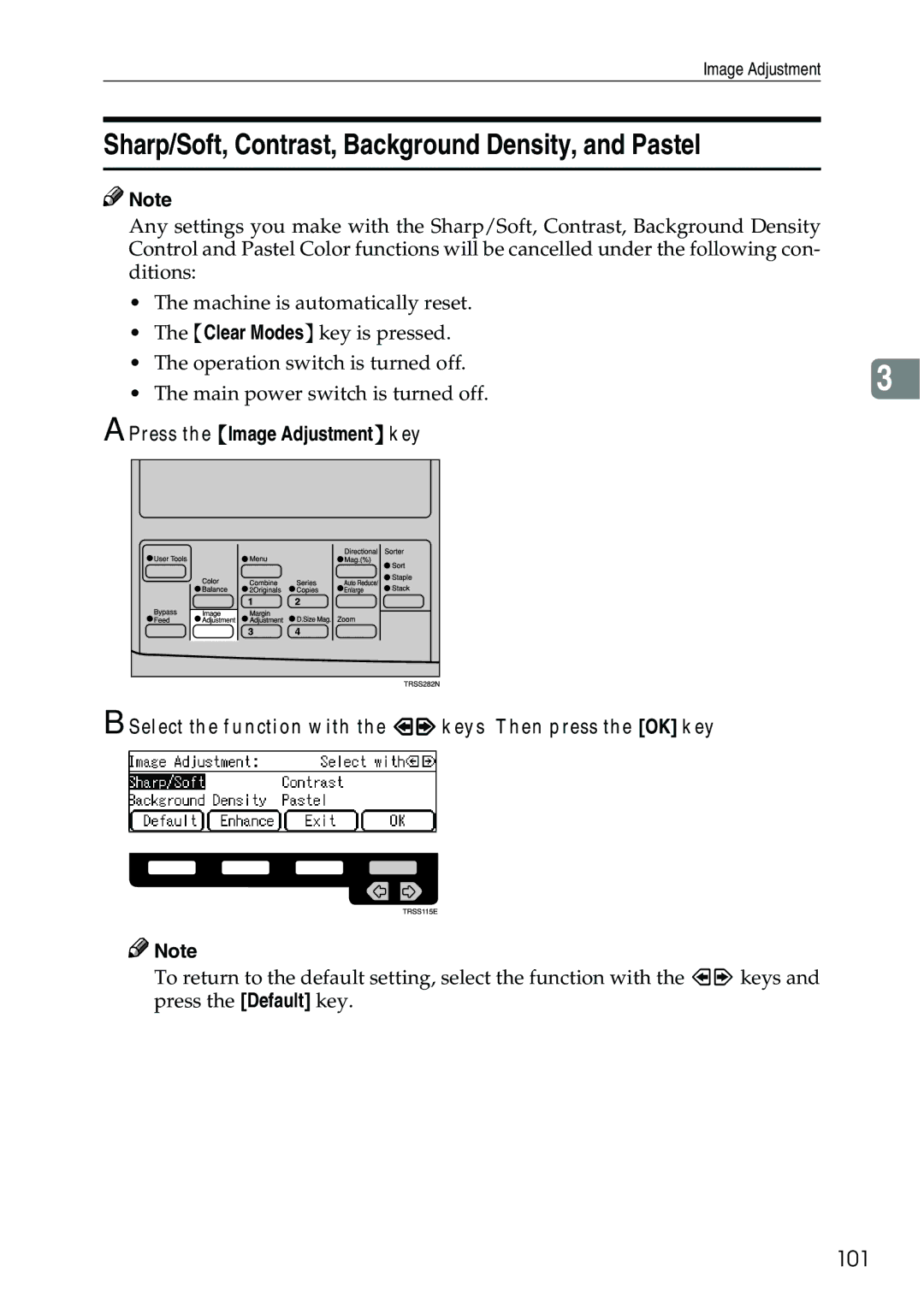 Ricoh 3506 manual Sharp/Soft, Contrast, Background Density, and Pastel, 101 