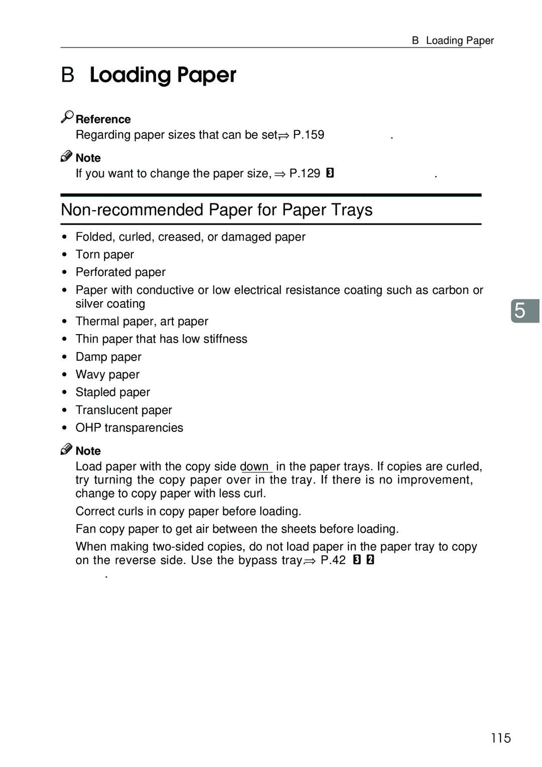 Ricoh 3506 manual Loading Paper, Non-recommended Paper for Paper Trays, 115 