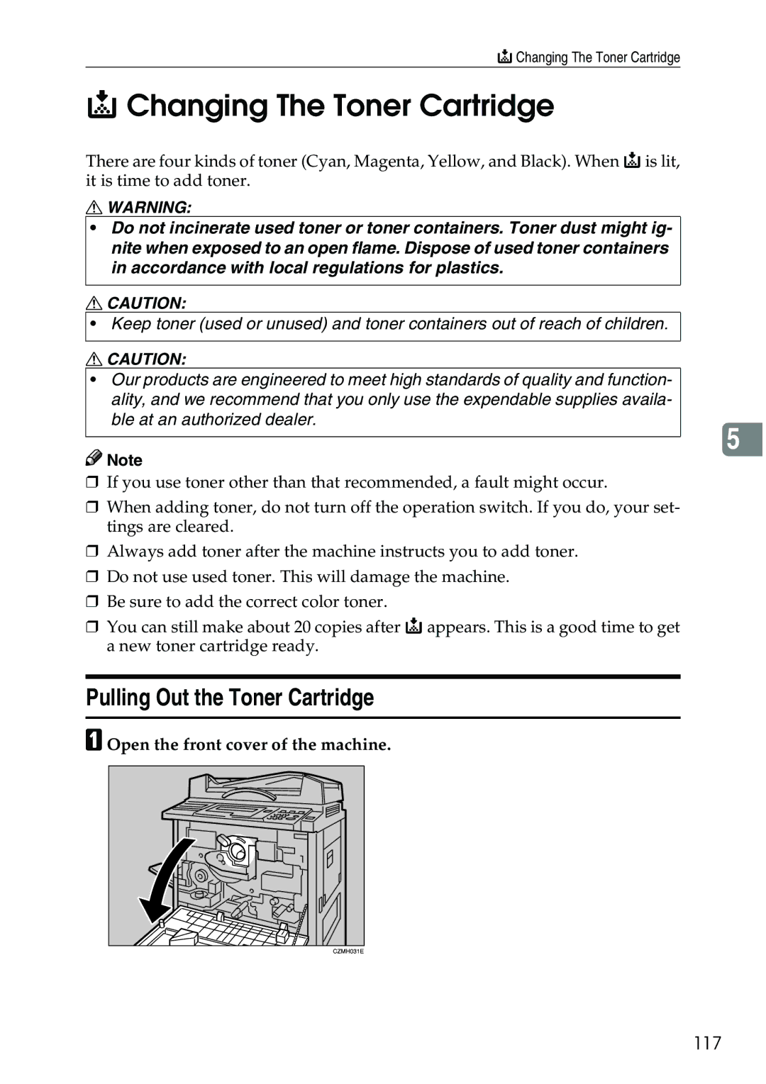 Ricoh 3506 manual Changing The Toner Cartridge, Pulling Out the Toner Cartridge, 117 