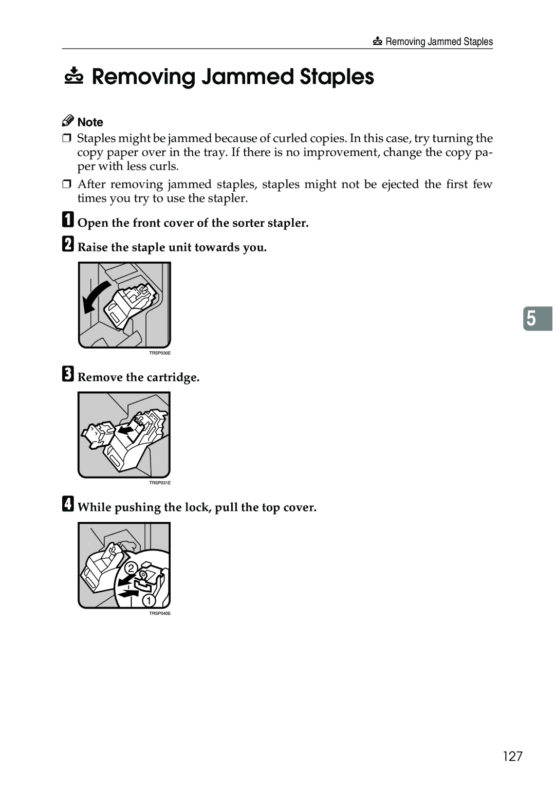 Ricoh 3506 manual Removing Jammed Staples, 127 