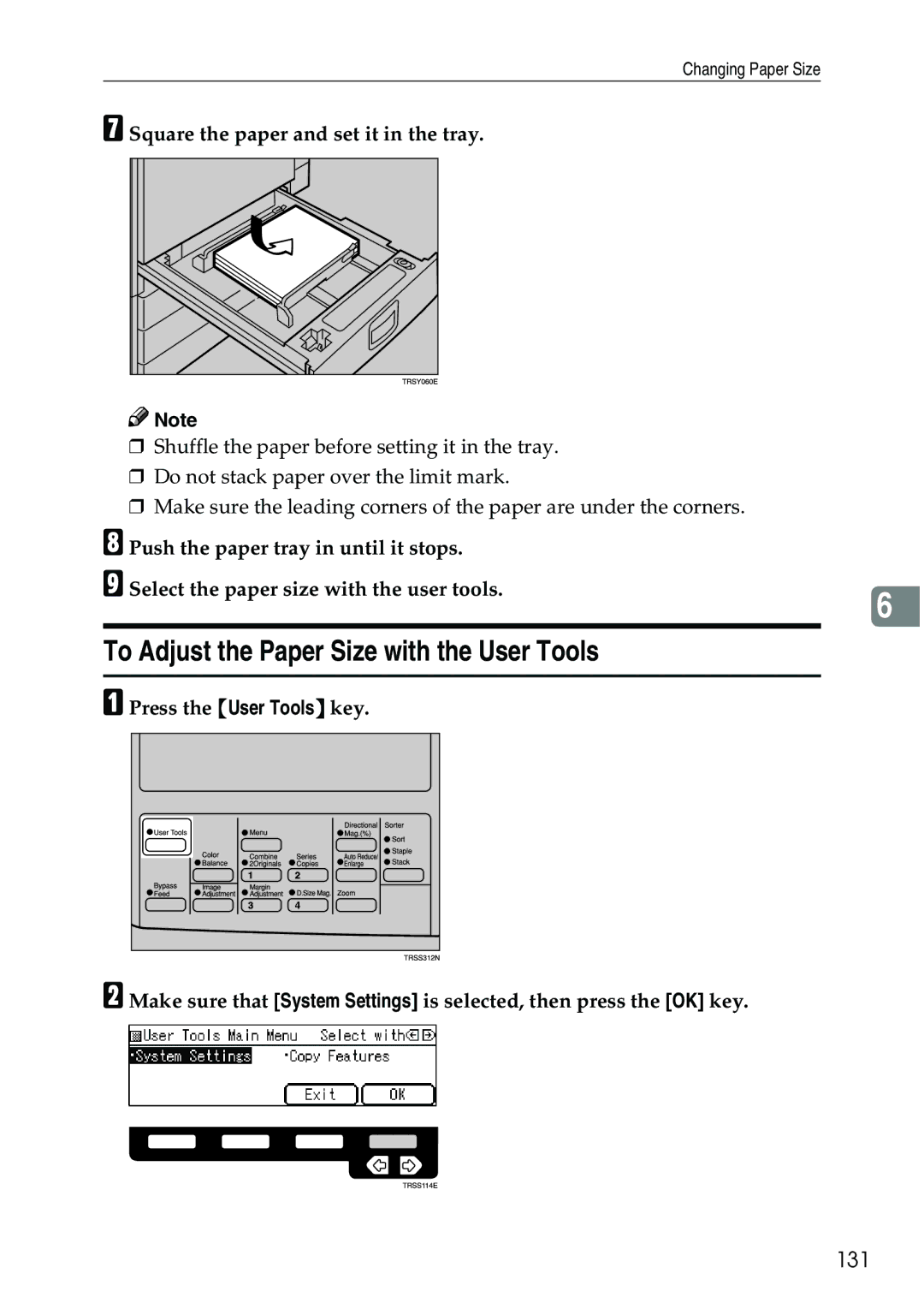 Ricoh 3506 manual To Adjust the Paper Size with the User Tools, 131 