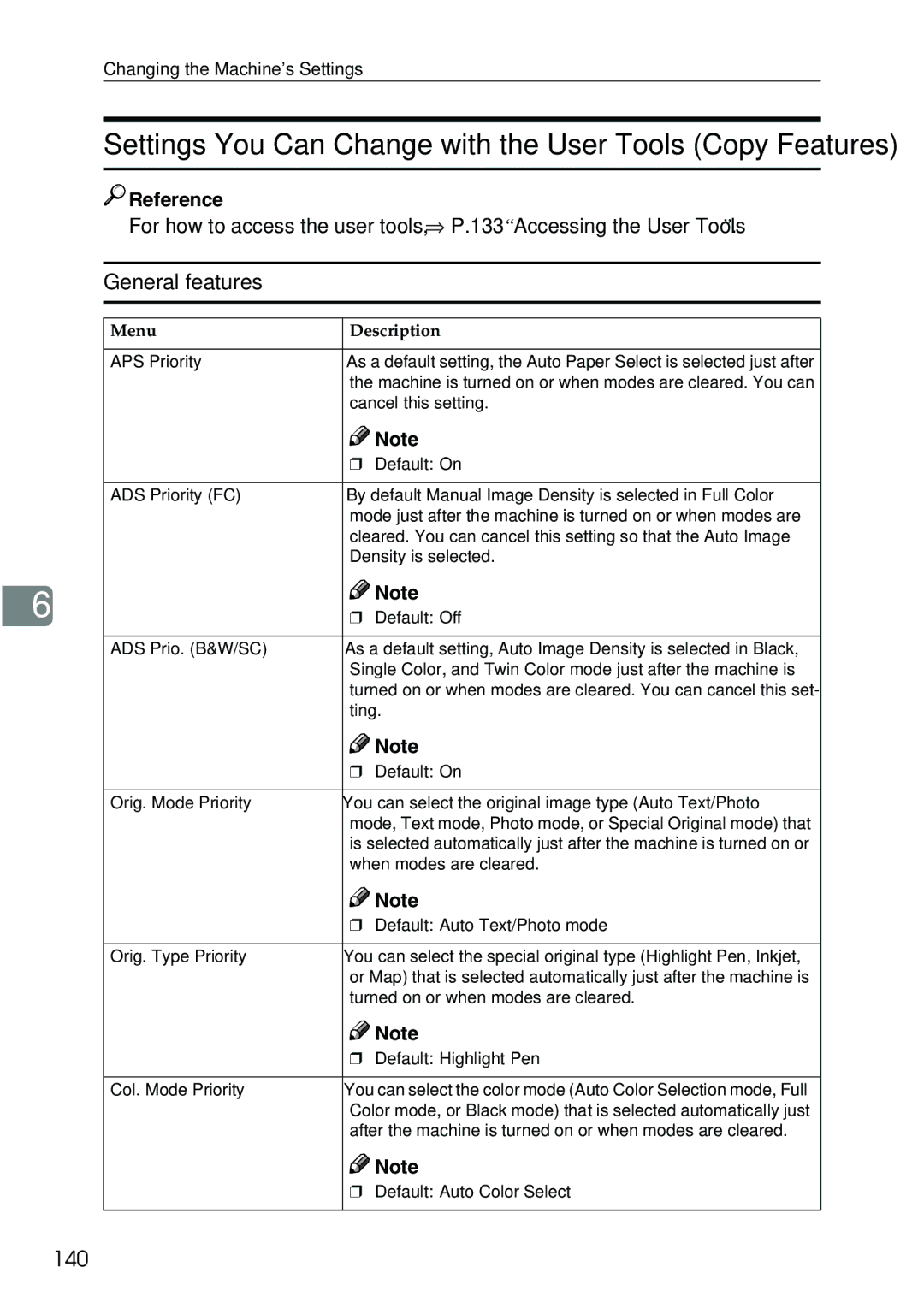 Ricoh 3506 manual Settings You Can Change with the User Tools Copy Features, General features, 140 