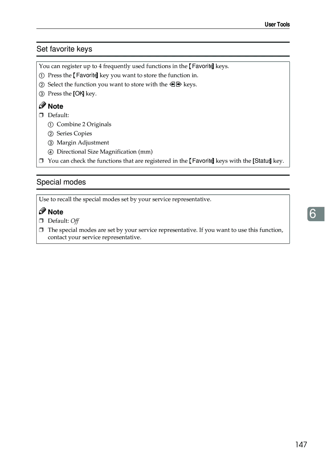 Ricoh 3506 manual Set favorite keys, Special modes, 147 