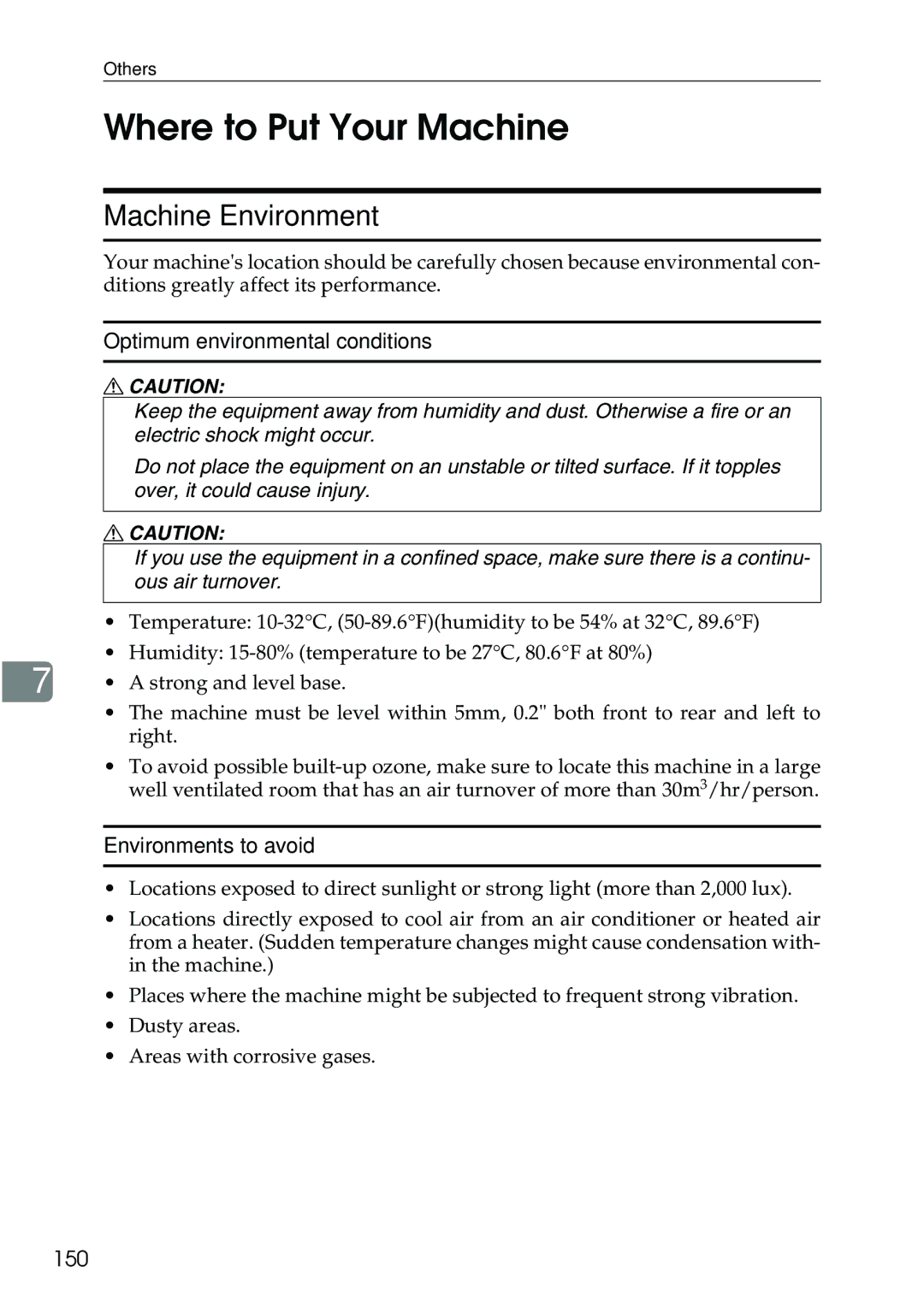 Ricoh 3506 Where to Put Your Machine, Machine Environment, Optimum environmental conditions, Environments to avoid, 150 