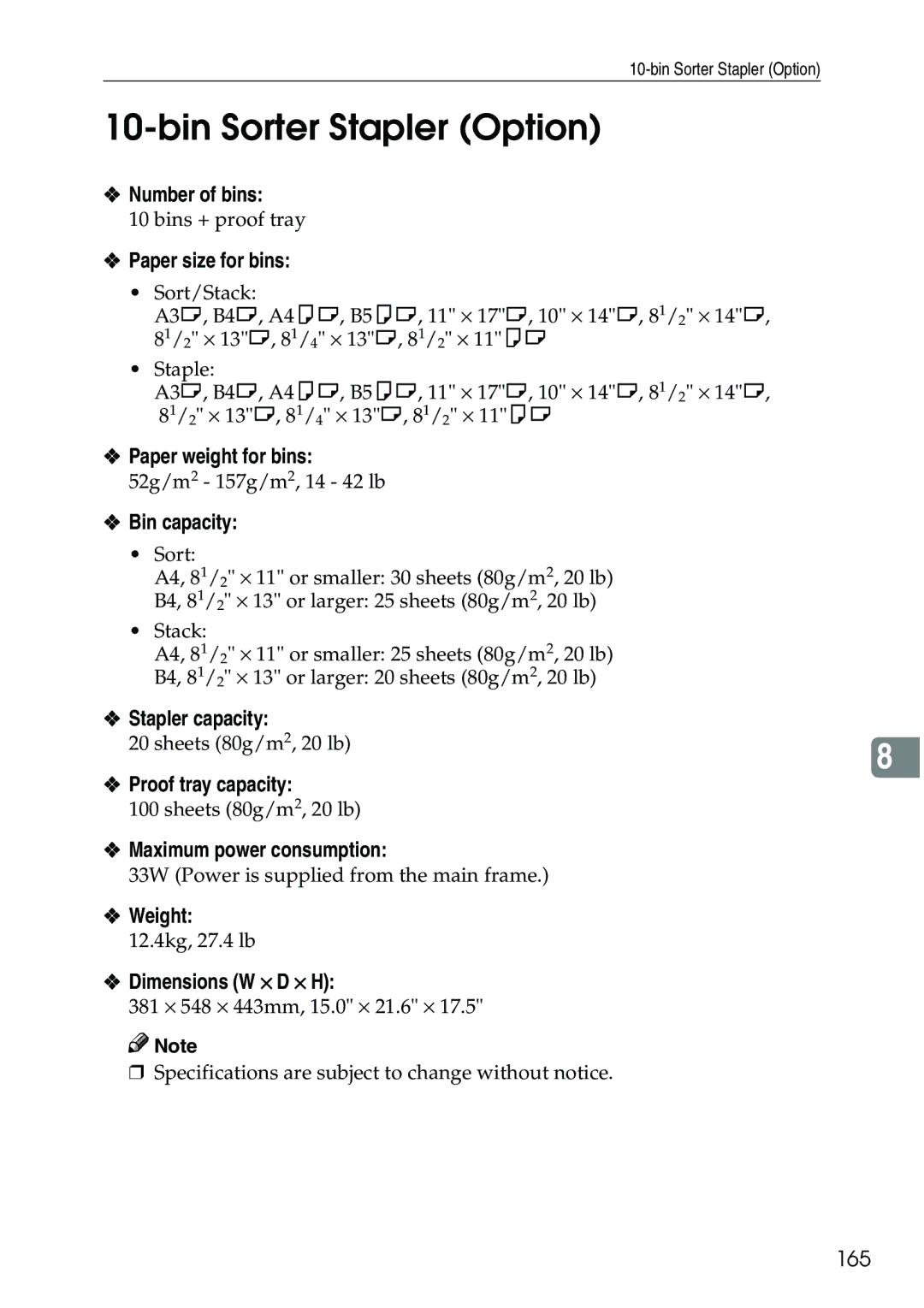 Ricoh 3506 manual Paper size for bins, Bin capacity, Stapler capacity, 165 
