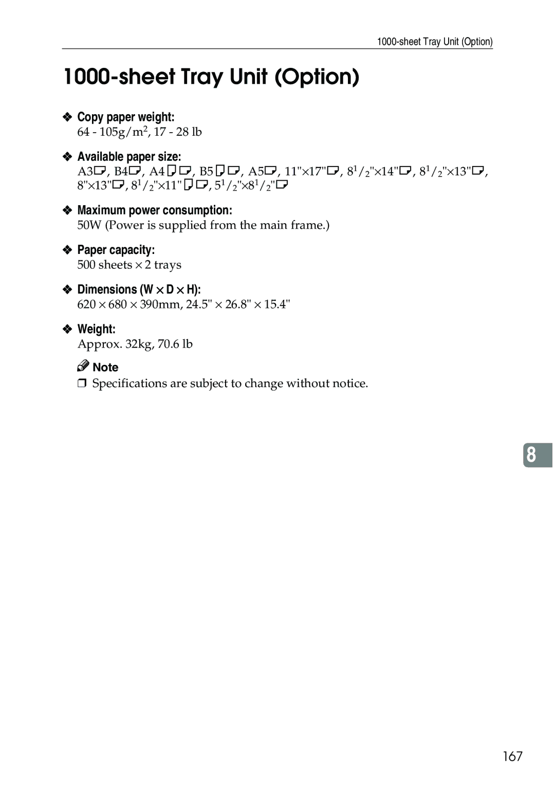 Ricoh 3506 manual Sheet Tray Unit Option, Available paper size, Paper capacity, 167 