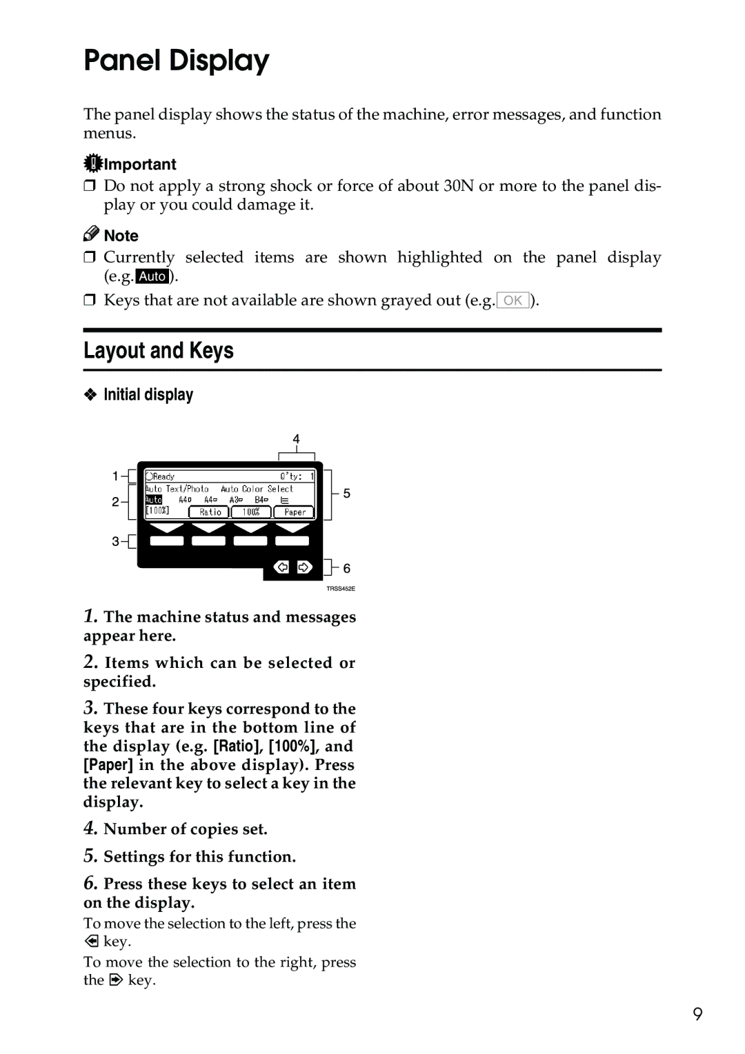 Ricoh 3506 manual Panel Display, Layout and Keys, Initial display 