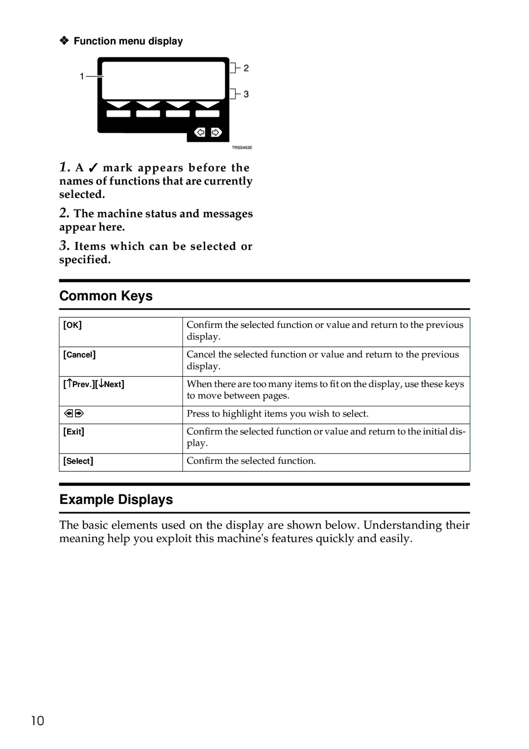 Ricoh 3506 manual Common Keys, Example Displays, Function menu display 