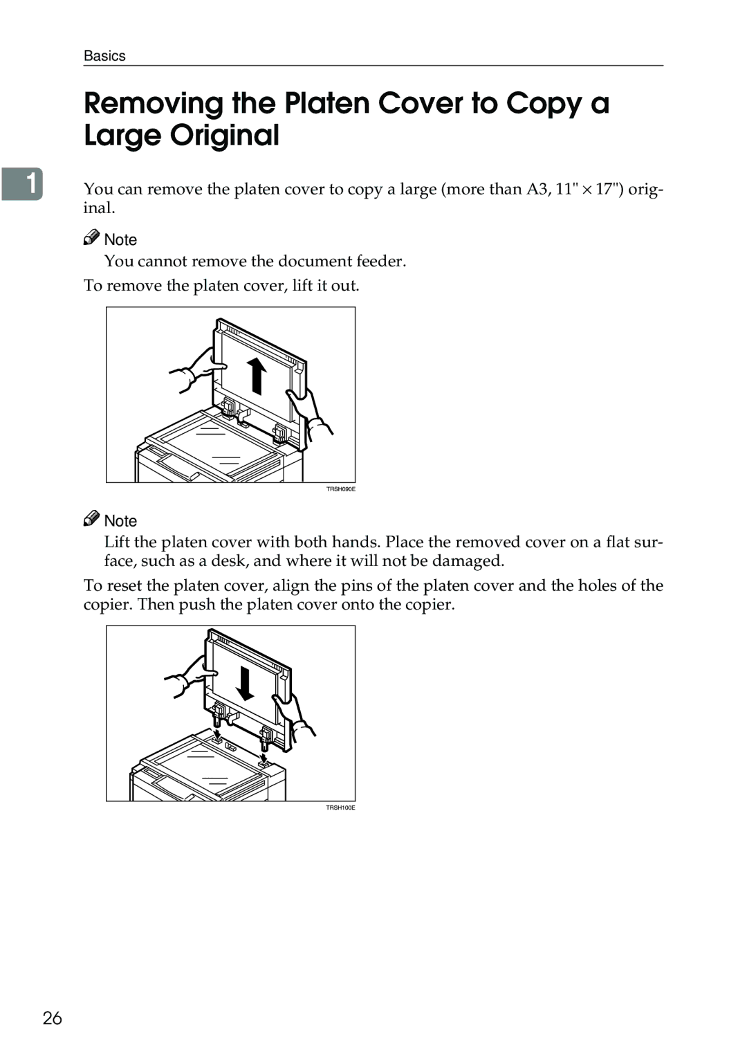 Ricoh 3506 manual Removing the Platen Cover to Copy a Large Original 