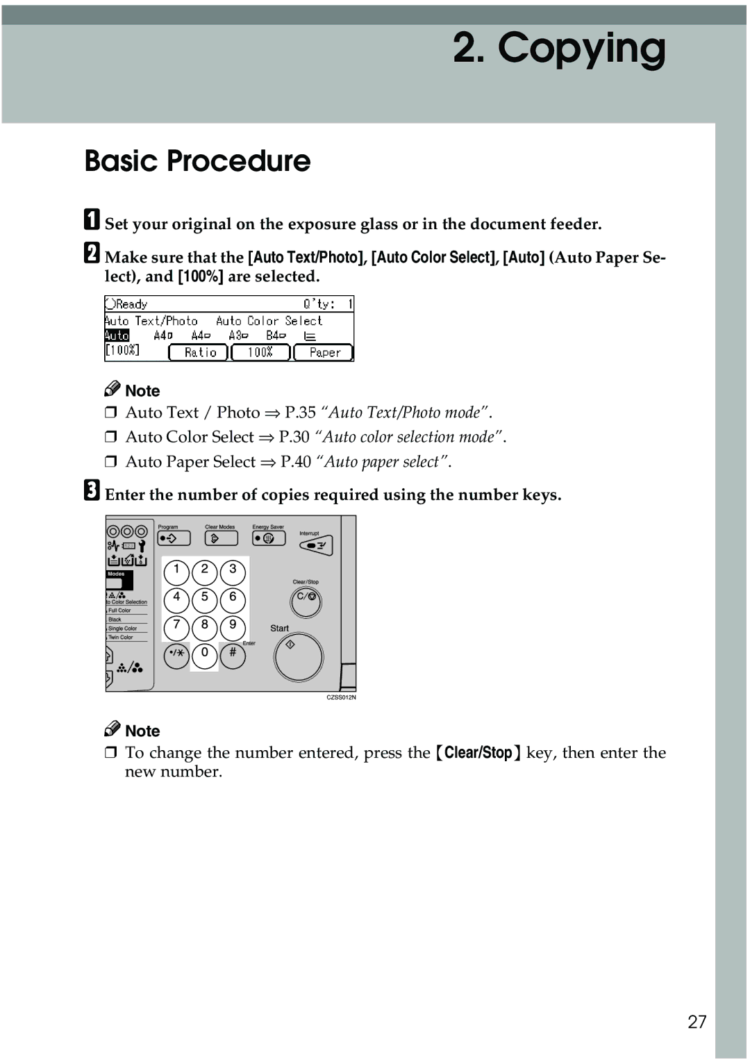 Ricoh 3506 manual Copying, Basic Procedure 