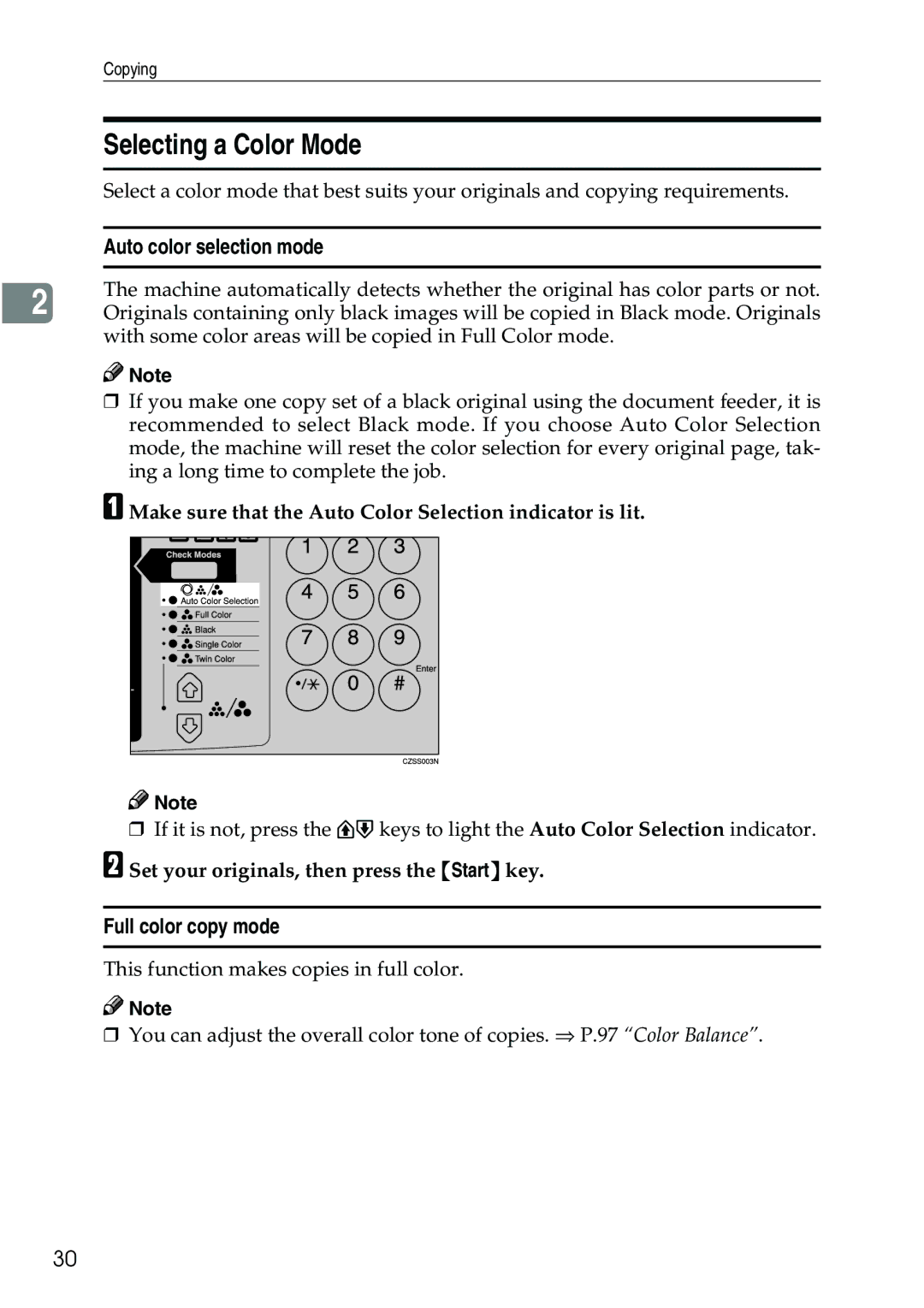 Ricoh 3506 manual Selecting a Color Mode, Auto color selection mode, Full color copy mode 
