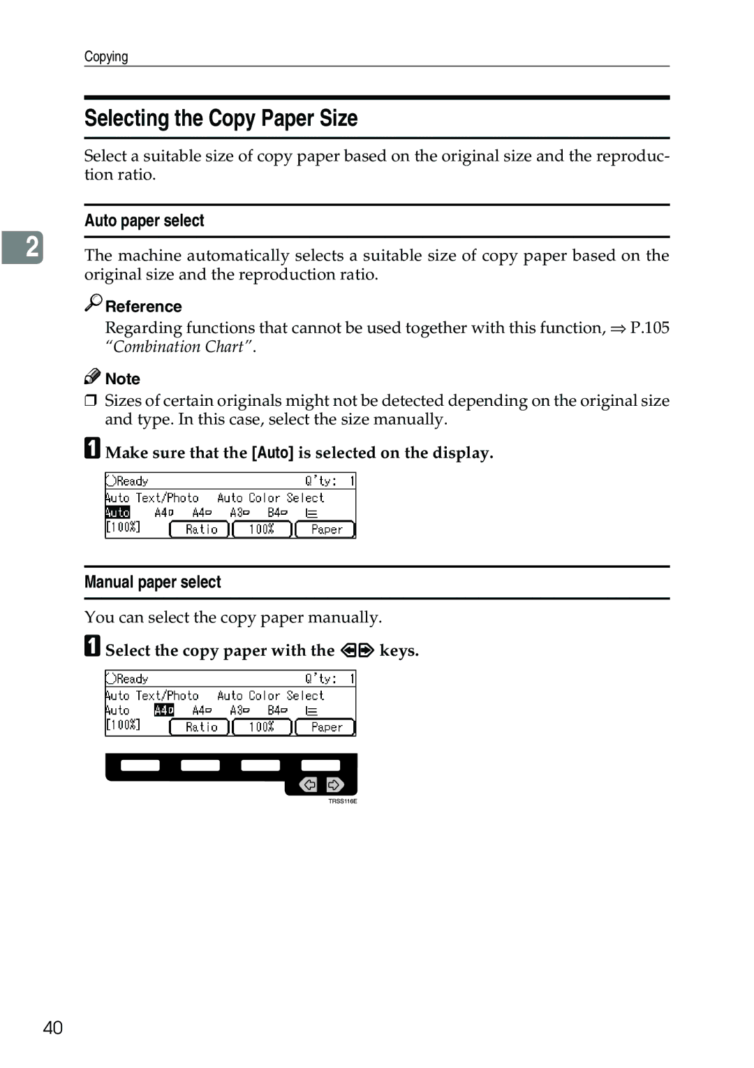 Ricoh 3506 manual Selecting the Copy Paper Size, Auto paper select, Manual paper select 