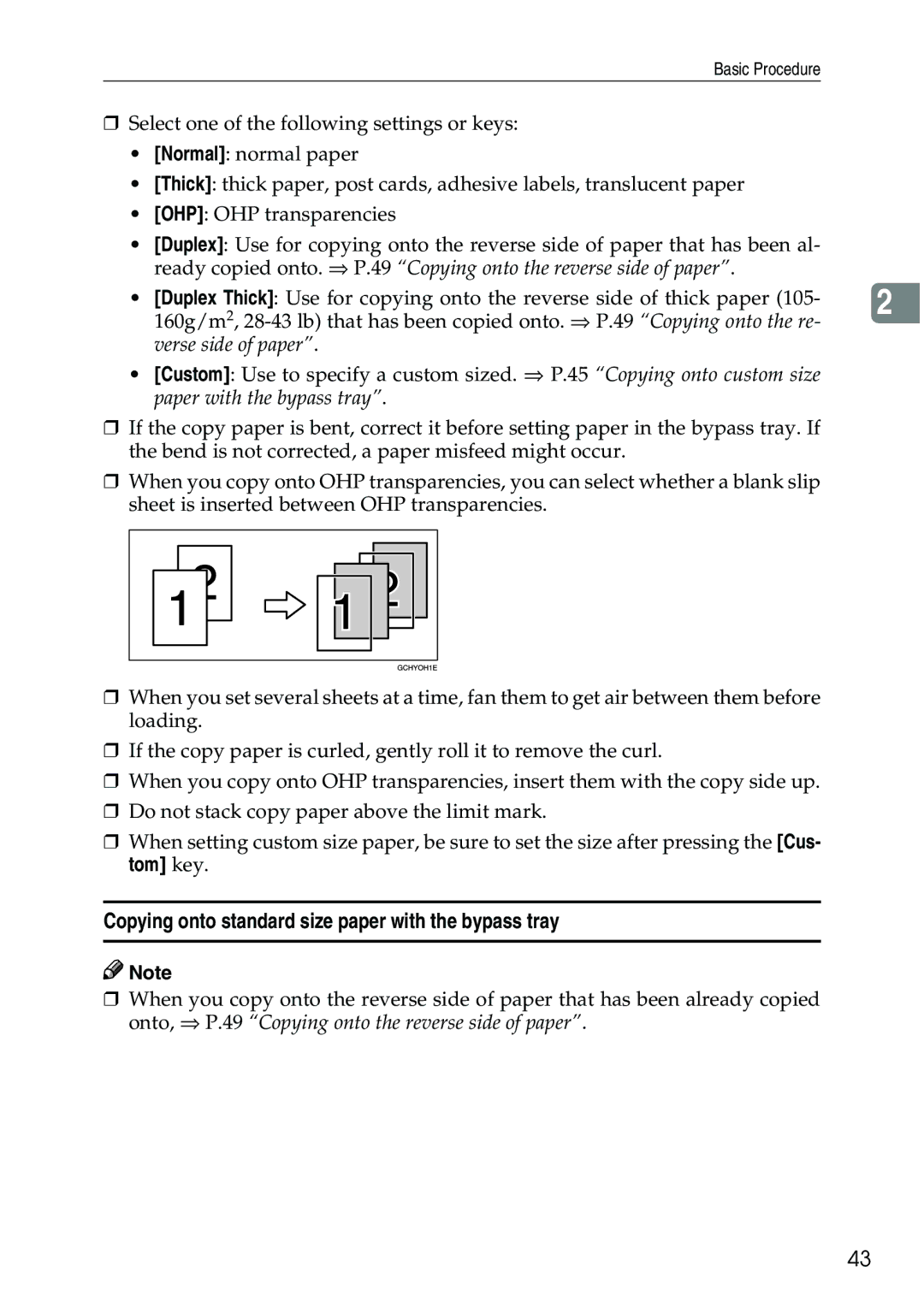 Ricoh 3506 manual Copying onto standard size paper with the bypass tray, Verse side of paper 