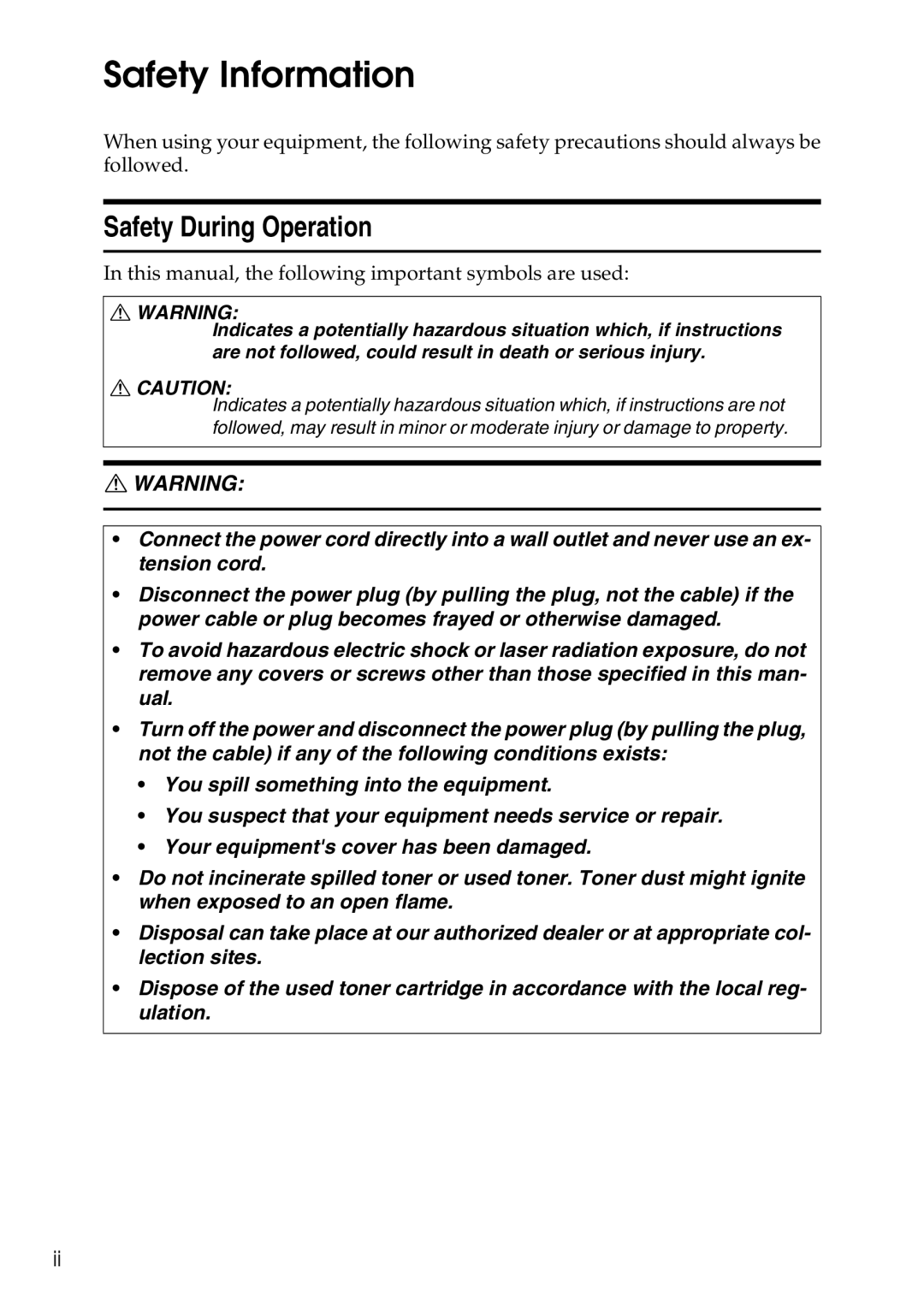 Ricoh 3506 manual Safety Information, Safety During Operation 