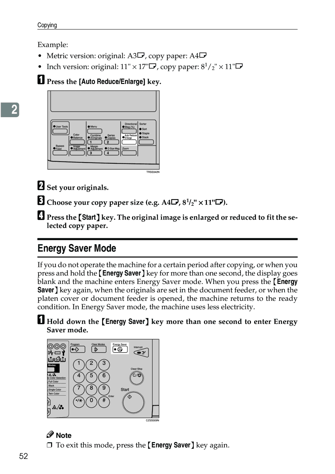 Ricoh 3506 manual Energy Saver Mode, Press the Auto Reduce/Enlarge key 
