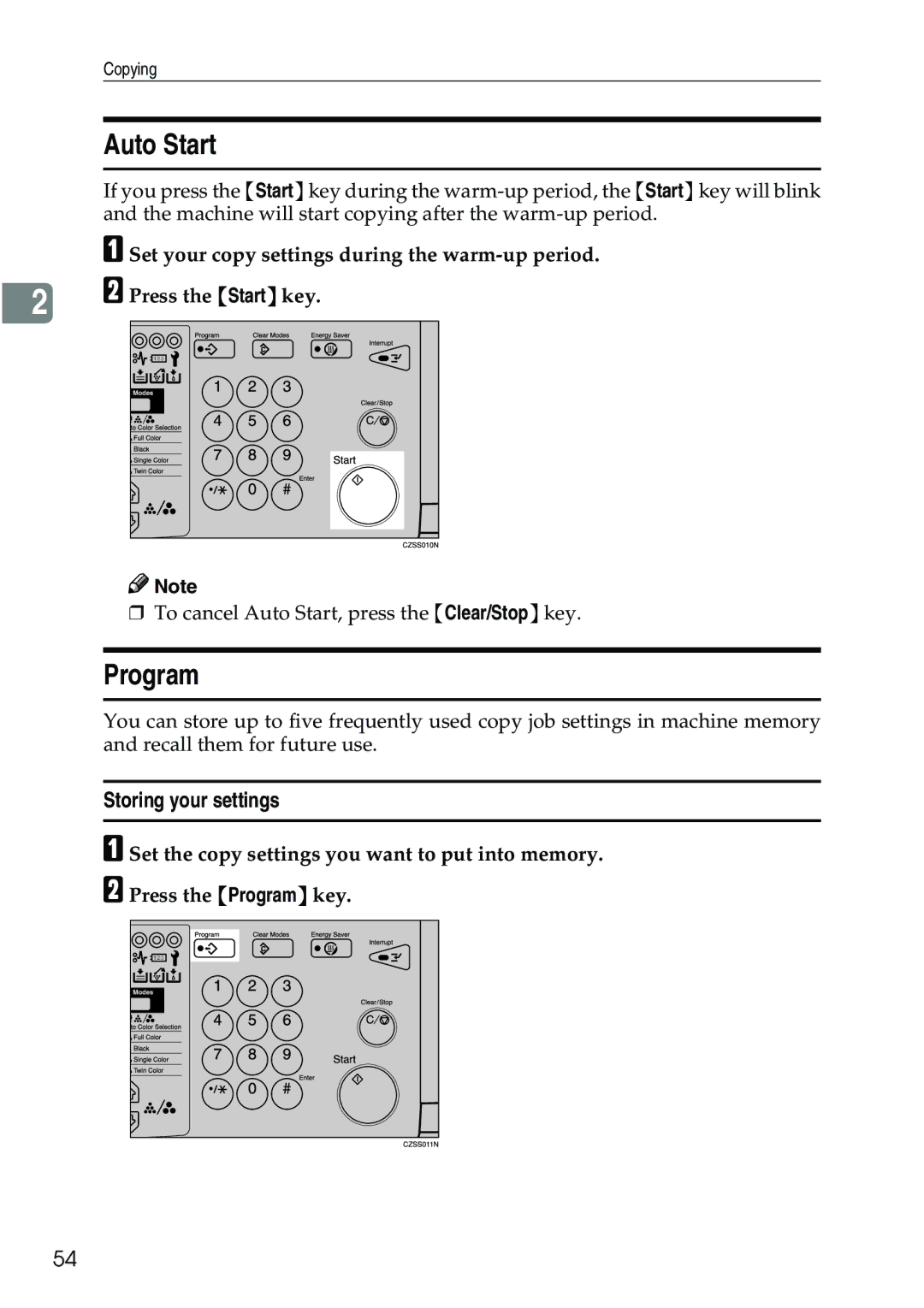 Ricoh 3506 manual Auto Start, Program, Storing your settings 