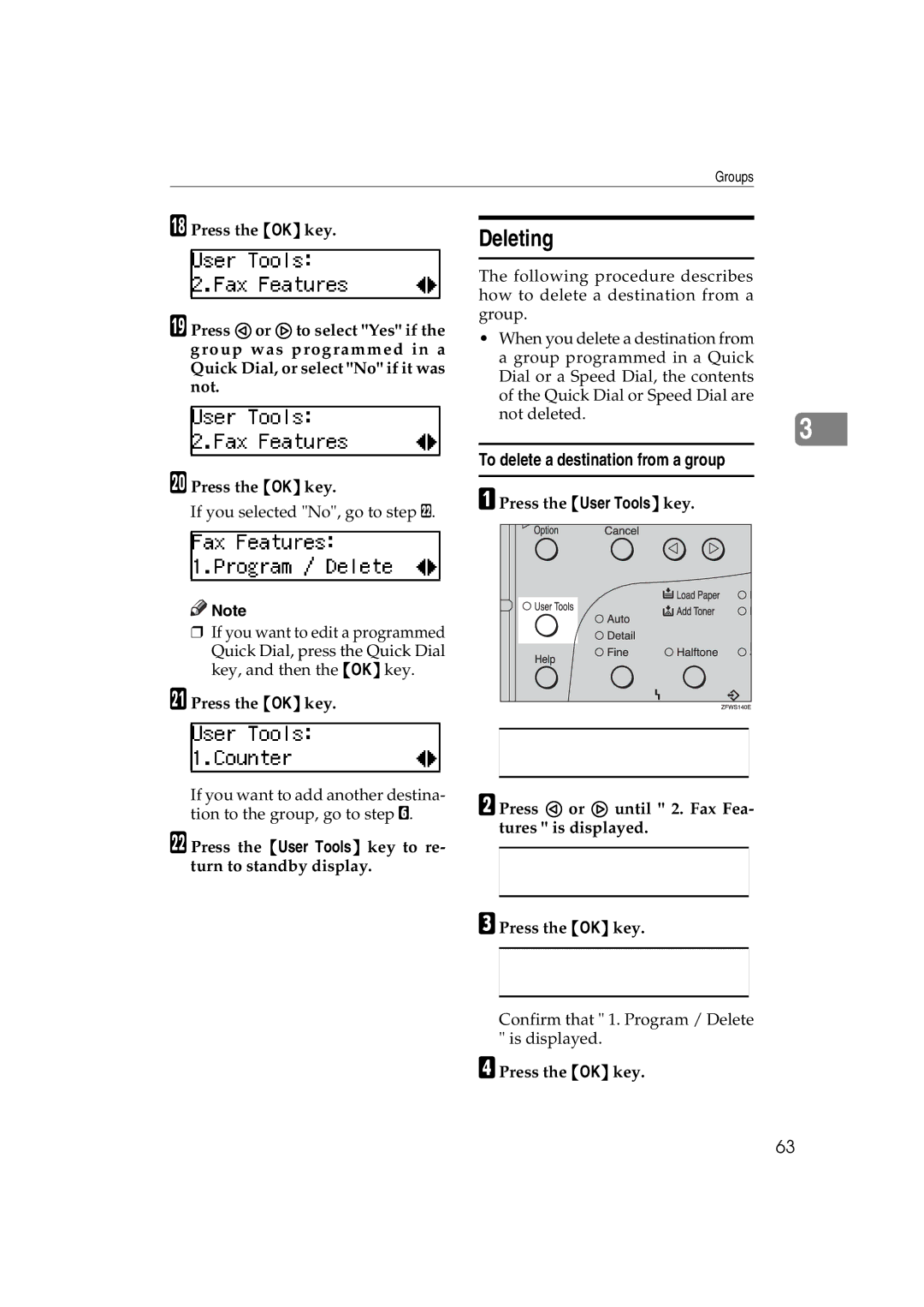 Ricoh 3725e/F530/LF311/3310L operating instructions Deleting, To delete a destination from a group 