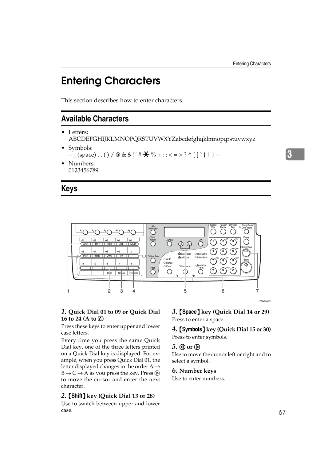 Ricoh 3725e/F530/LF311/3310L operating instructions Entering Characters, Available Characters, Keys 