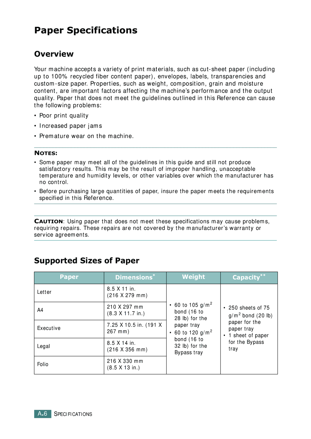 Ricoh 4016 Series manual Paper Specifications, Overview, Supported Sizes of Paper, Paper Dimensions Weight Capacity 