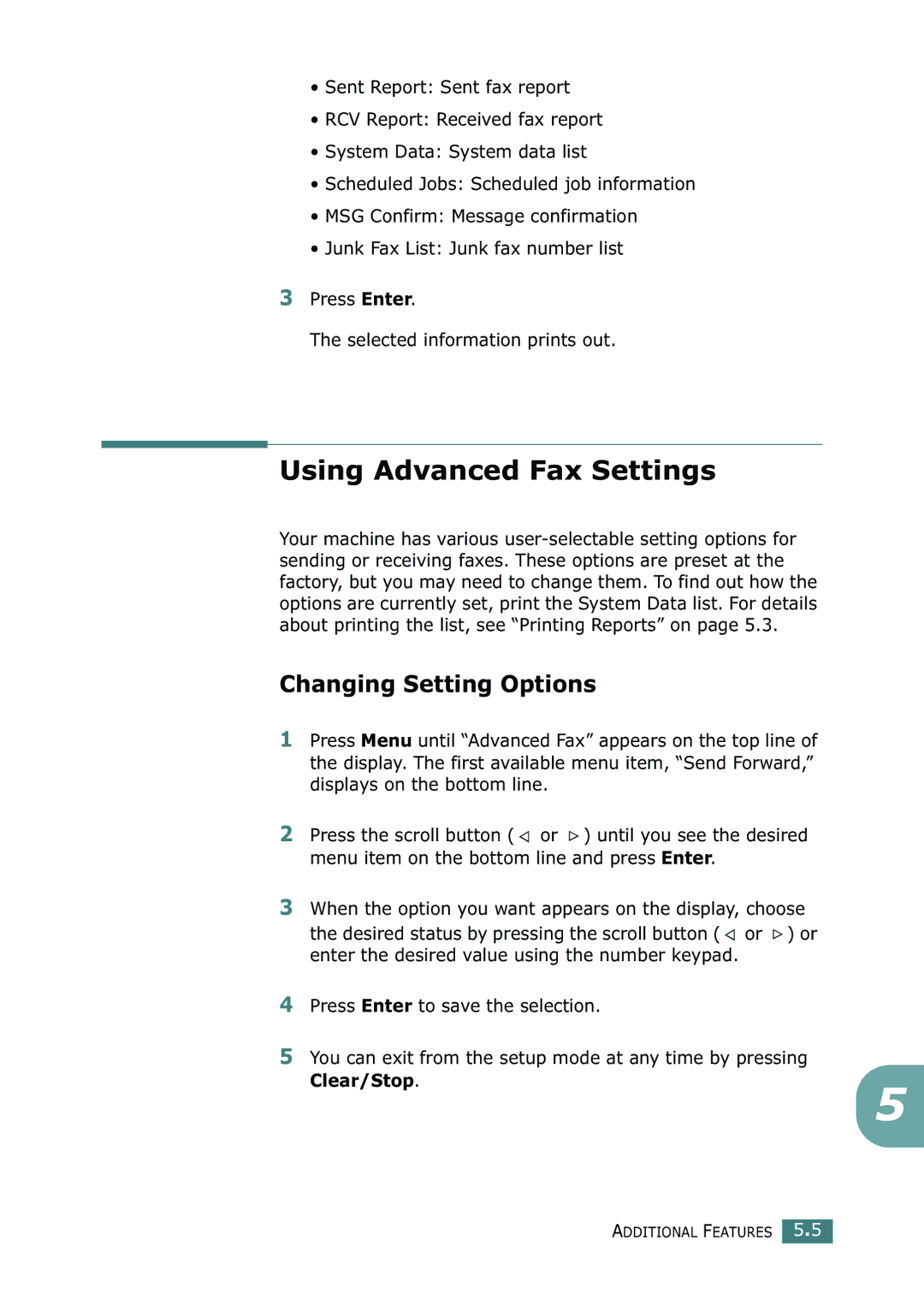 Ricoh 4016 Series manual Using Advanced Fax Settings, Changing Setting Options, Clear/Stop 