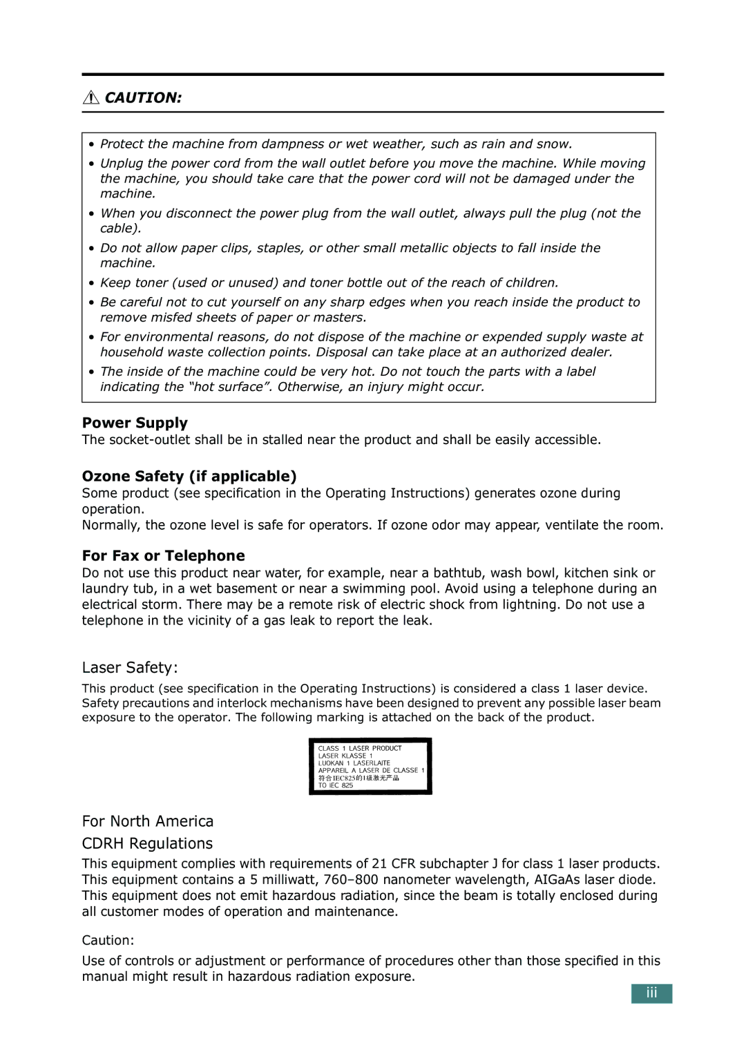 Ricoh 4016 Series manual Power Supply, Ozone Safety if applicable, For Fax or Telephone 