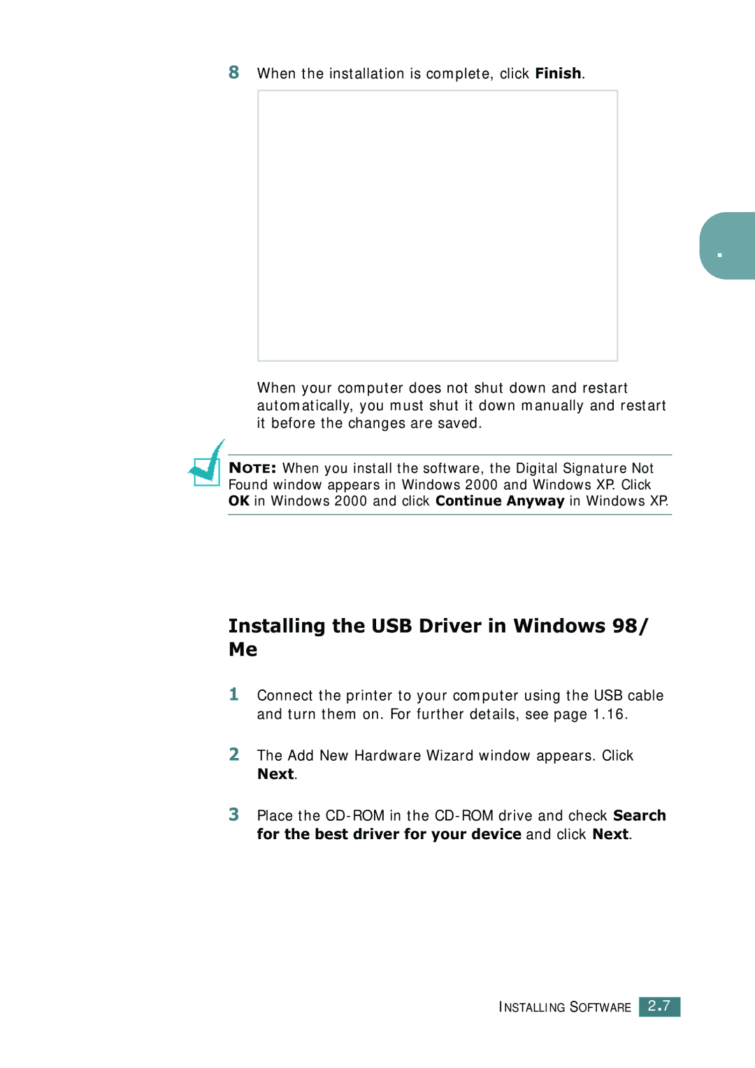 Ricoh 4016 Series manual Installing the USB Driver in Windows 98/ Me, Add New Hardware Wizard window appears. Click Next 