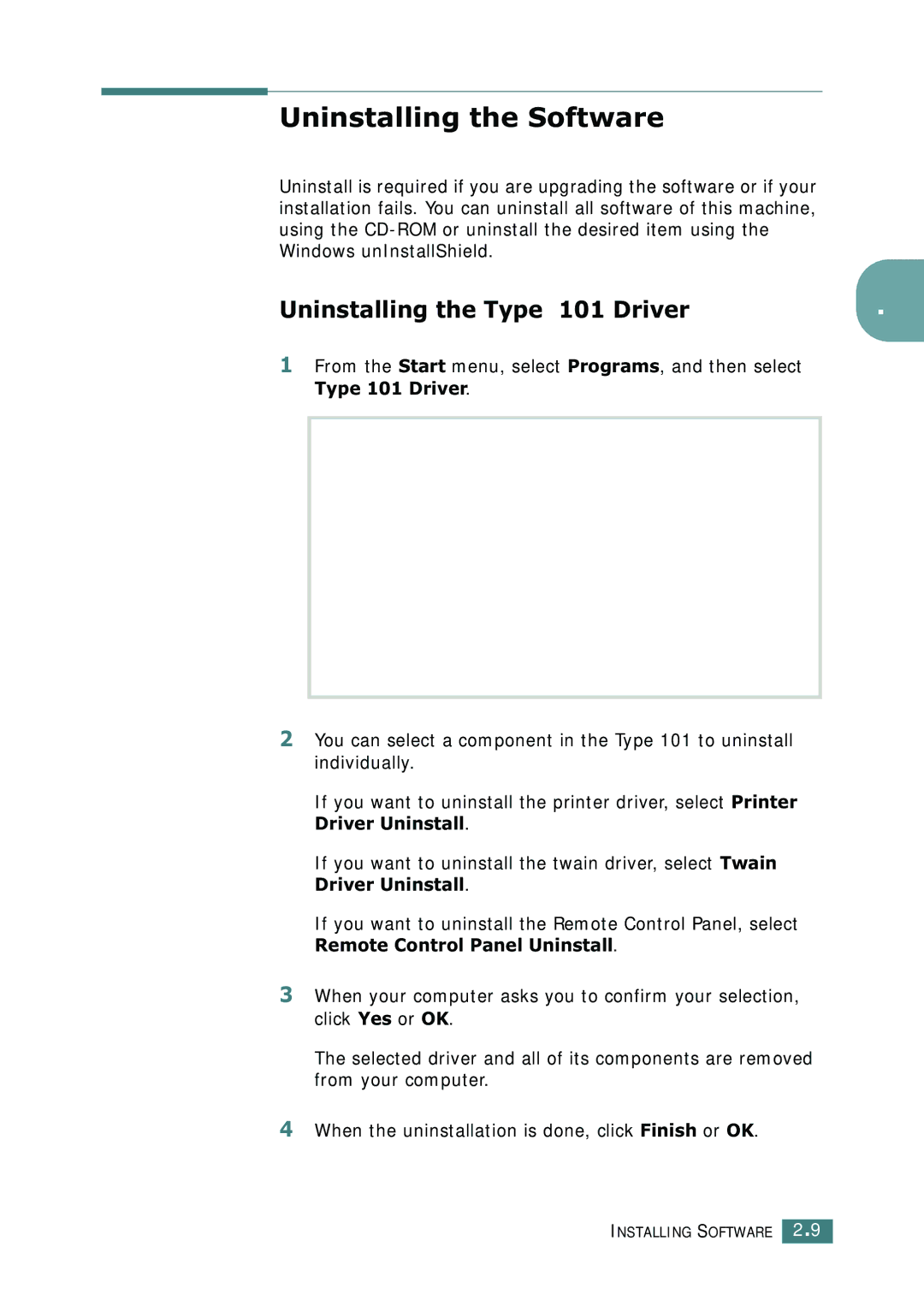 Ricoh 4016 Series manual Uninstalling the Software, Uninstalling the Type 101 Driver 