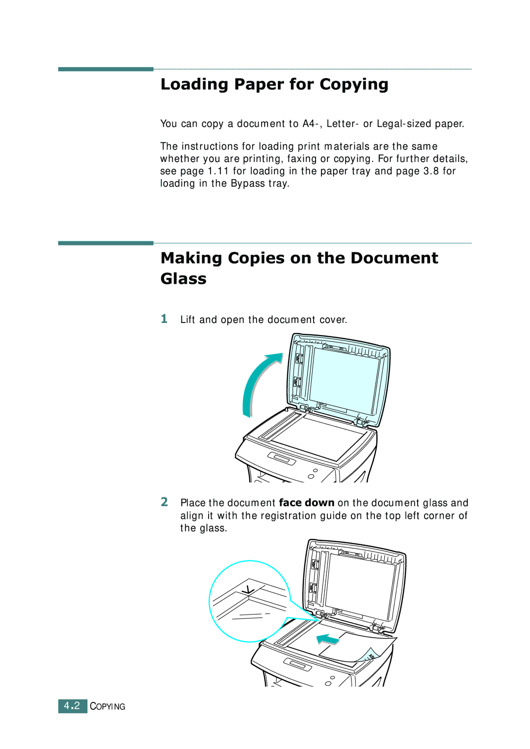 Ricoh 4016 Series manual Loading Paper for Copying, Making Copies on the Document Glass 