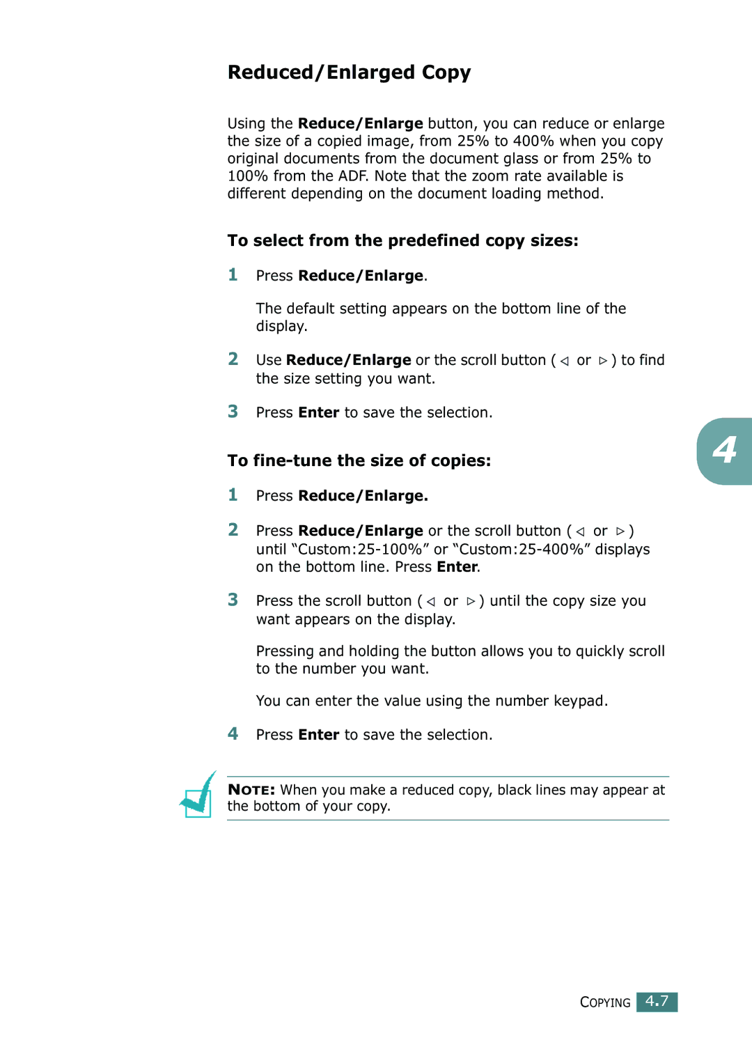 Ricoh 4016 Series manual Reduced/Enlarged Copy, To select from the predefined copy sizes, To fine-tune the size of copies 