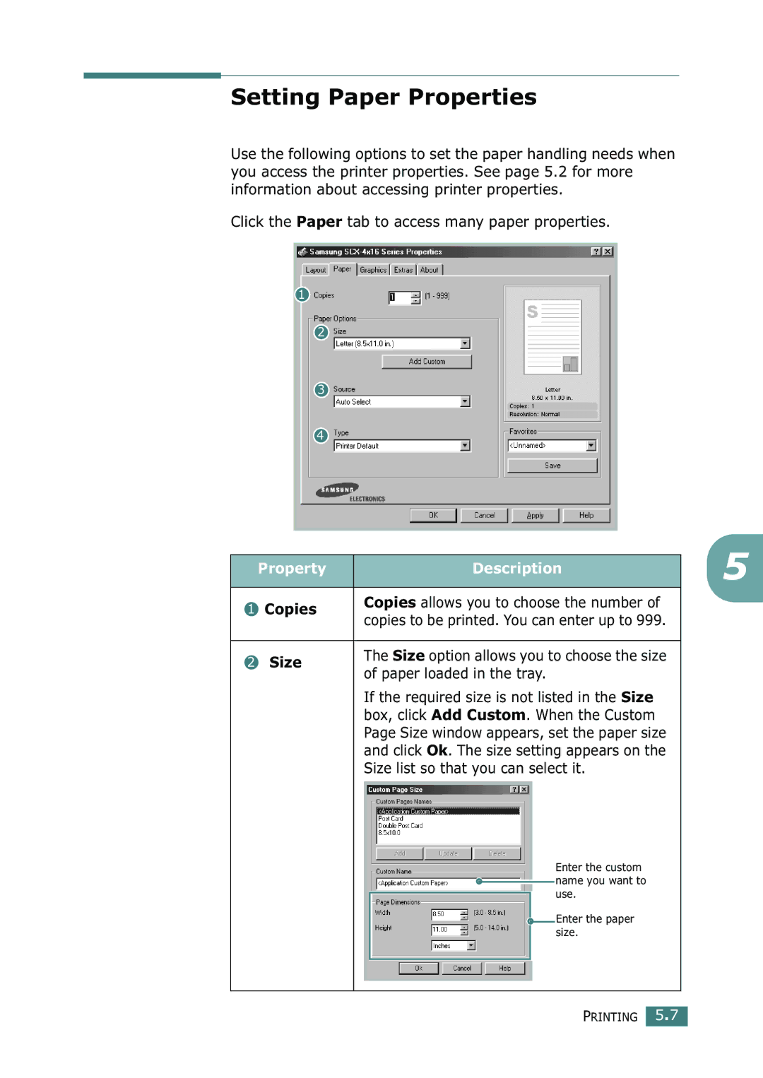 Ricoh 4016 Series manual Setting Paper Properties, Property Description, Size 